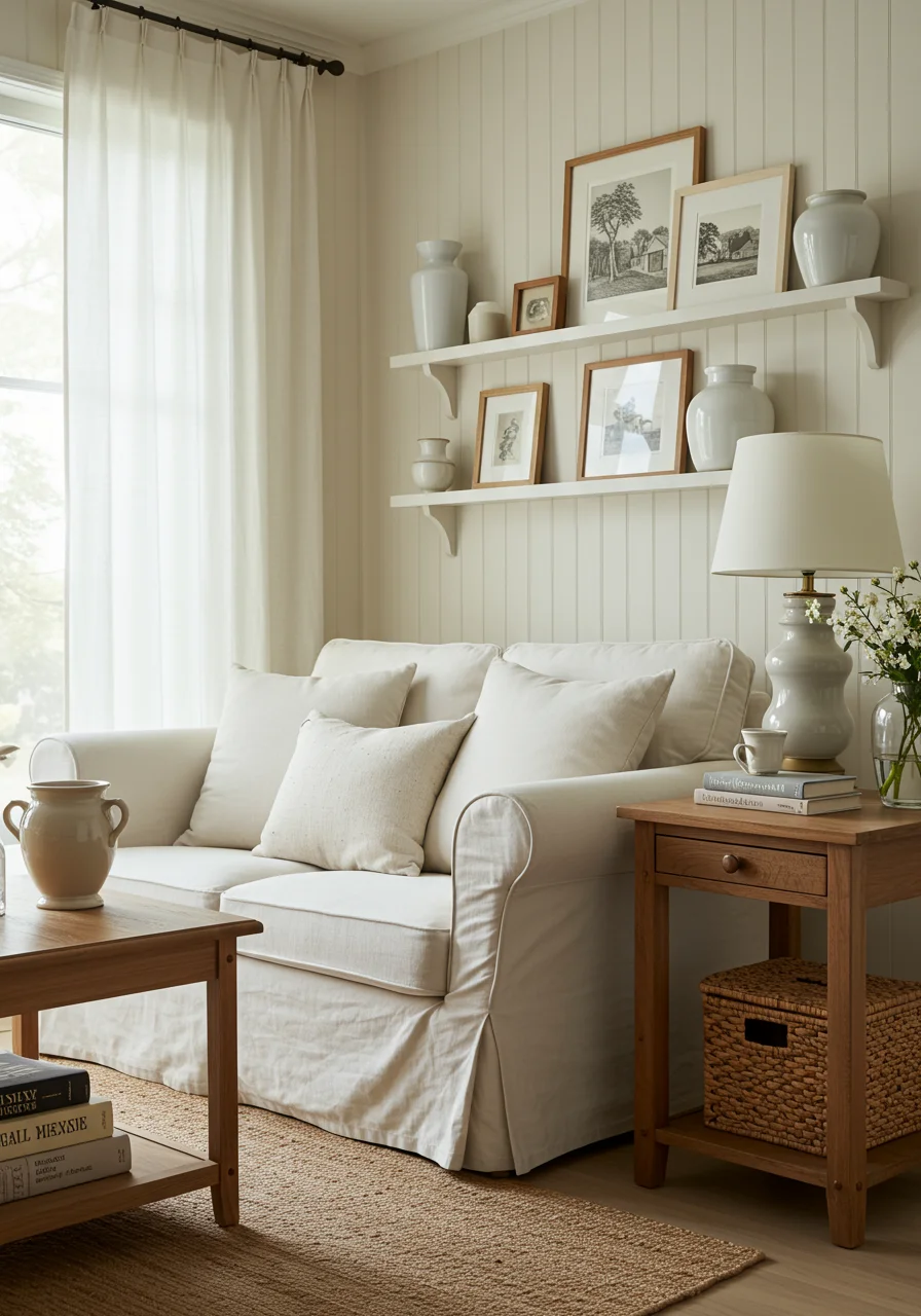 nancy meyers homes hamptons living space with cream walls natural light pine furniture and white slip covered sofa