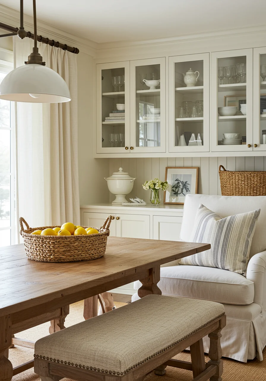 nancy meyers interiors showcasing cottage kitchen style with ivory walls seagrass basket and elegant built in cabinetry