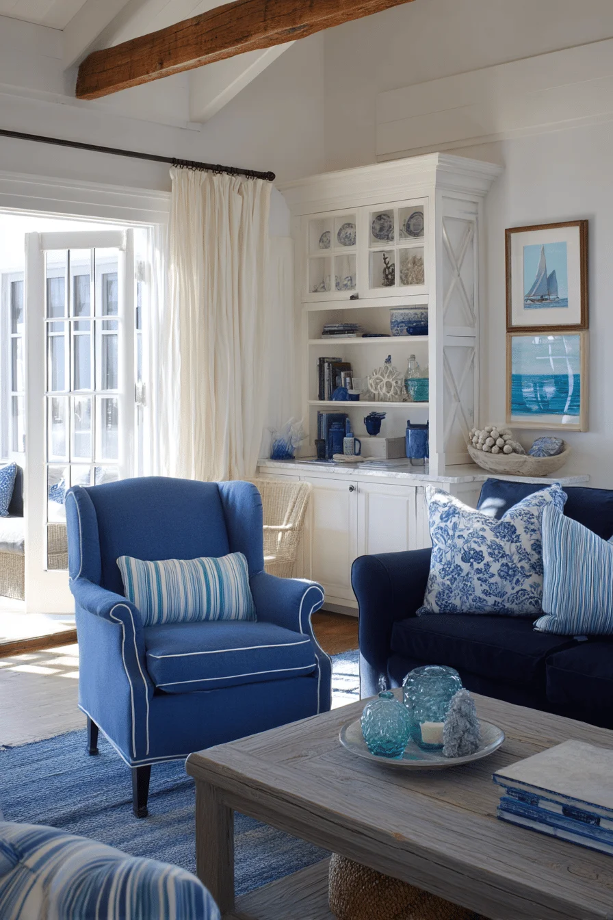 royal blue living room decor in farmhouse style with cobalt blue armchair navy sofa white bookcase and coastal elements