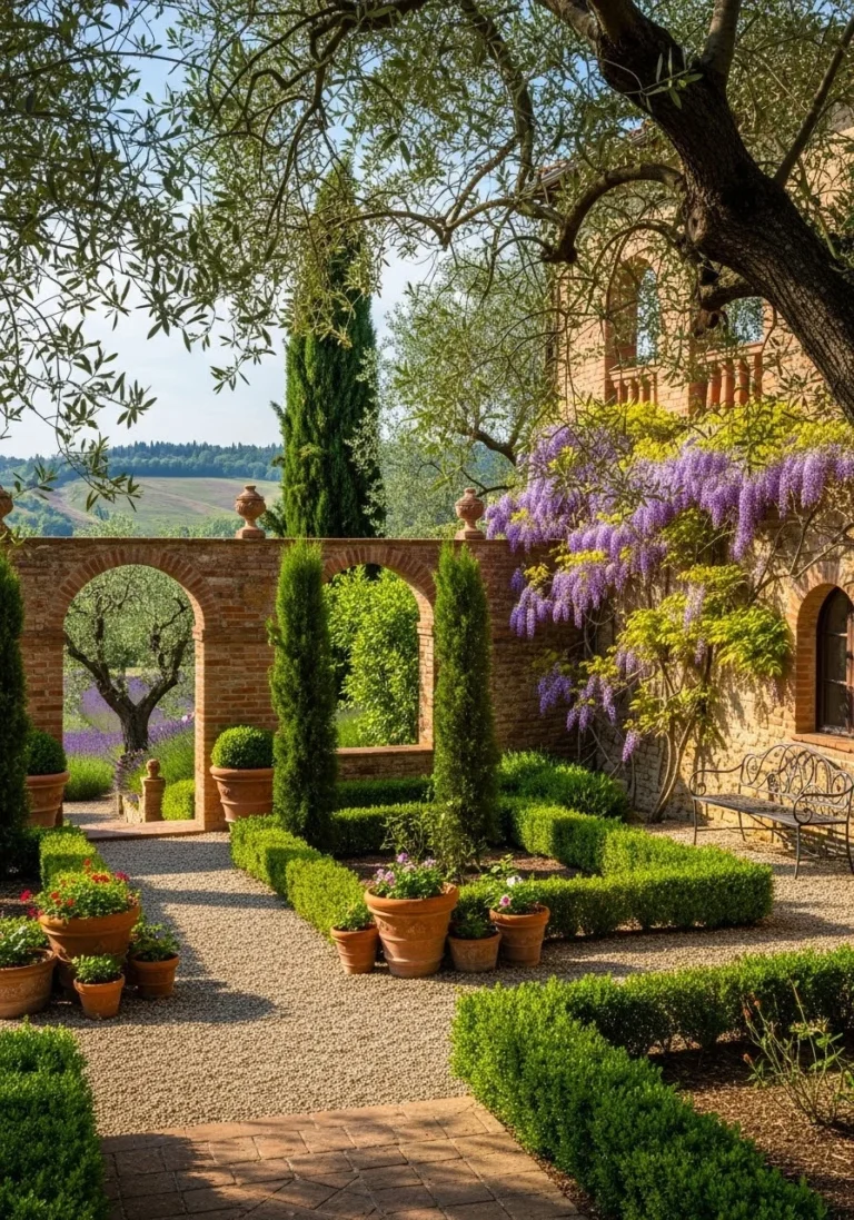 rustic tuscan italian garden featuring stone structures winding pathways cypress hedges terracotta pots and countryside views