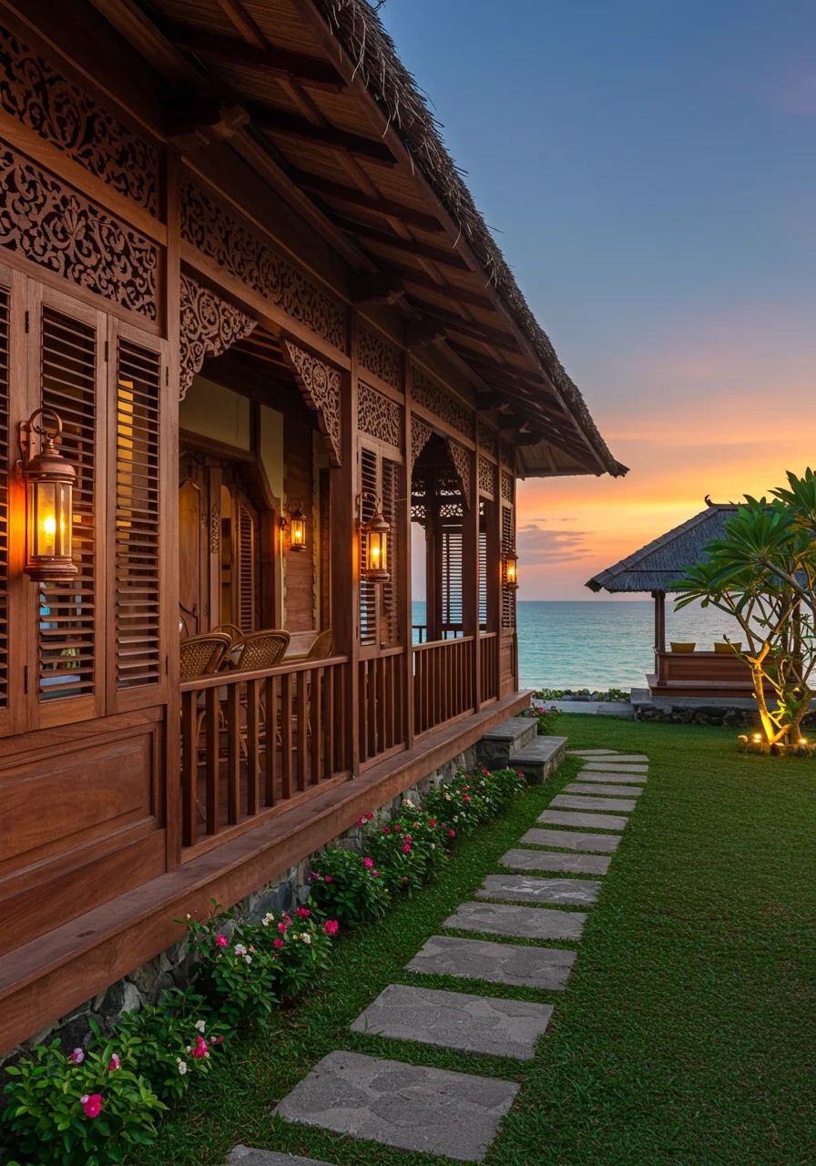 wooden beach house exterior with ornate balustrade copper lanterns and tropical garden pathway