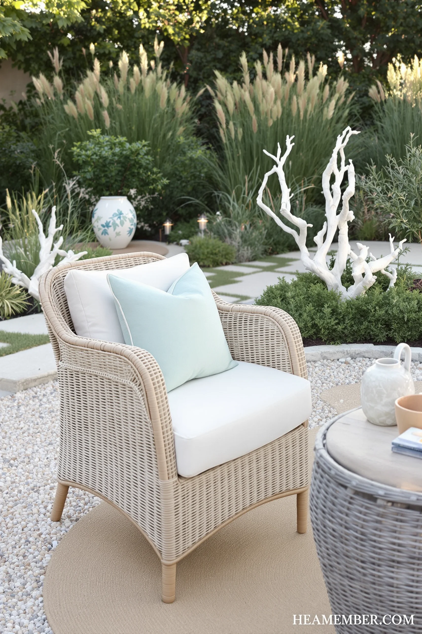 beach garden with rattan furniture seafoam pillows stone path driftwood sculpture and sea grasses in evening light