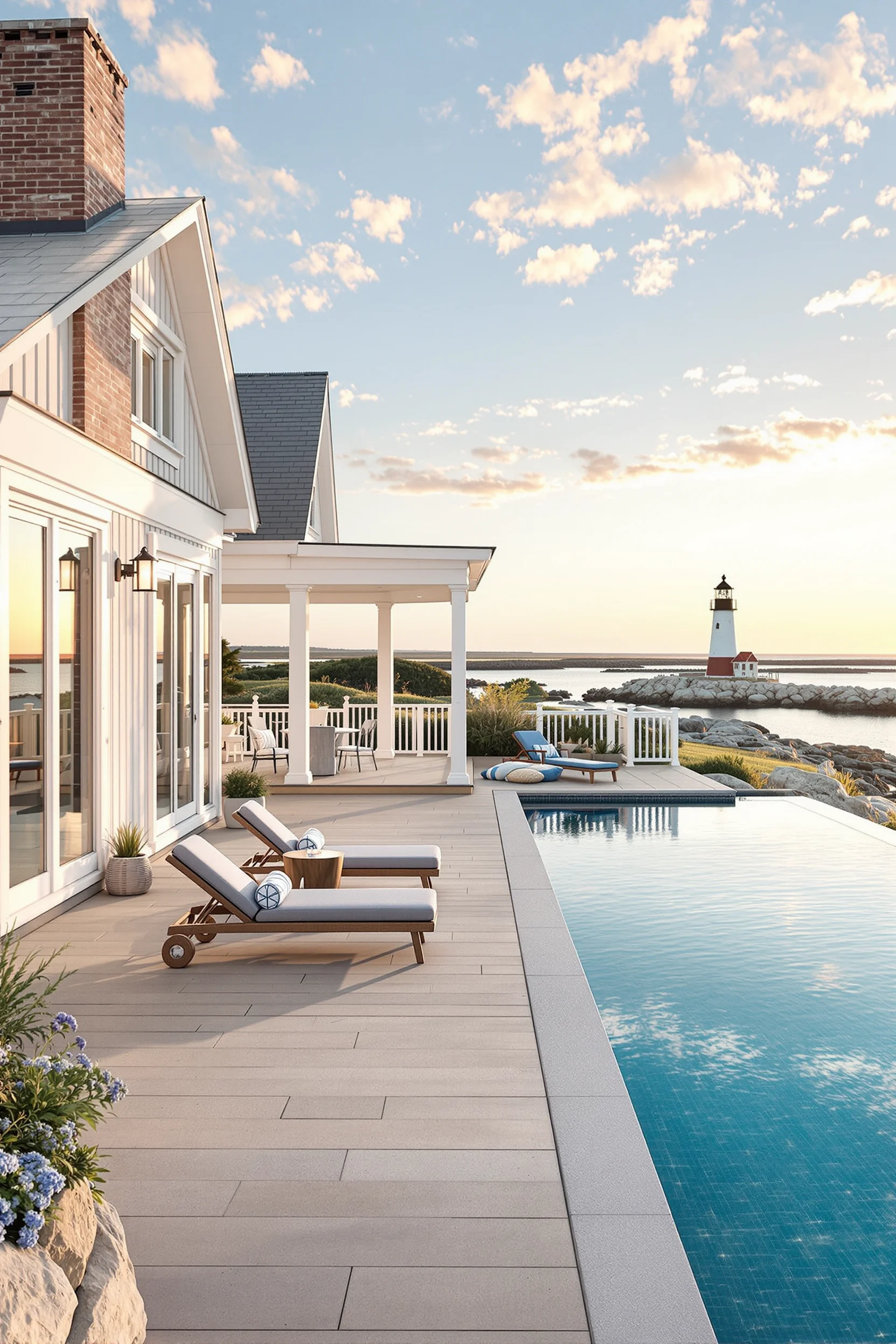 beach house interior living room with white shiplap walls large windows waterfront views and coastal furniture