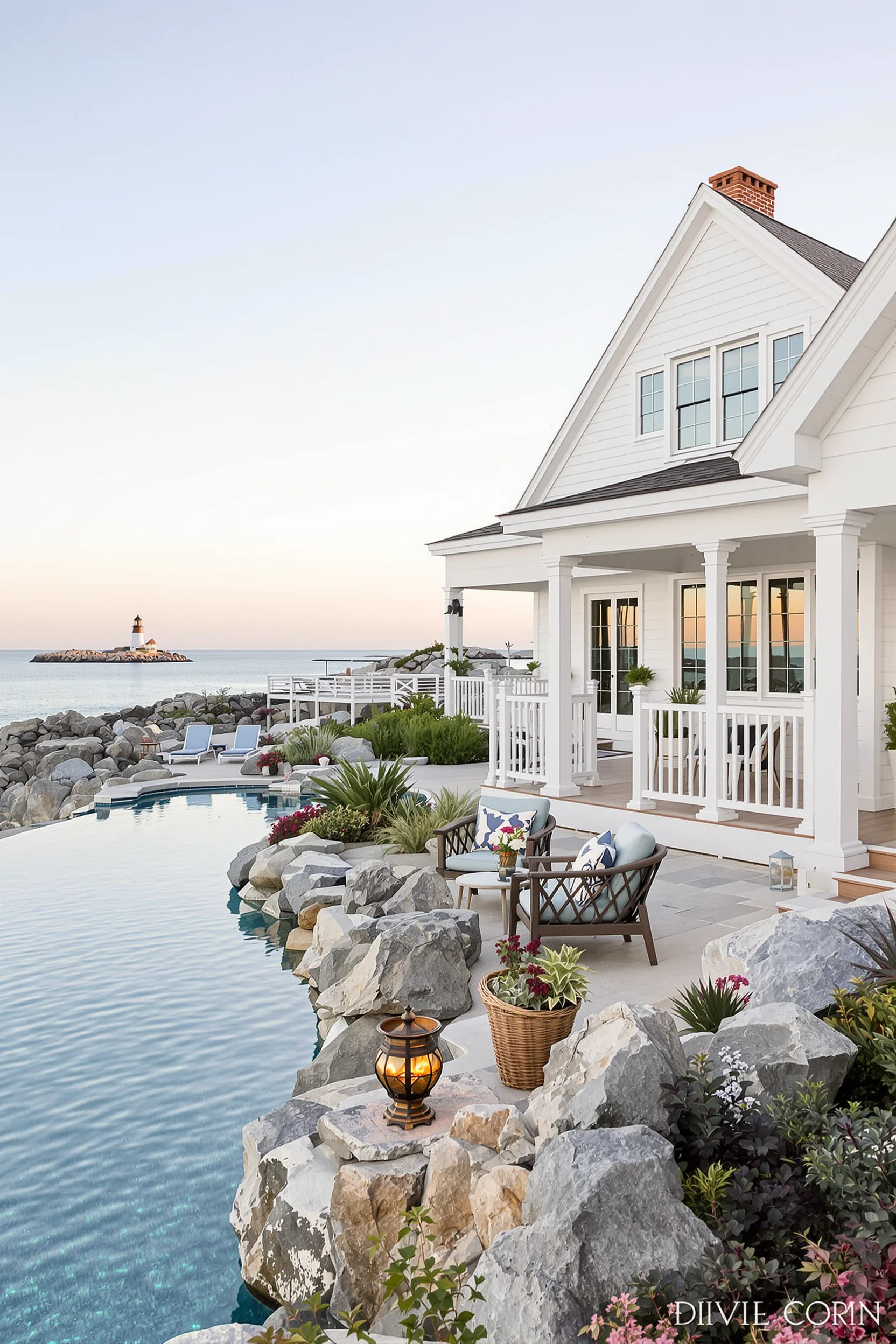 beach house interior with waterfront views shiplap exterior infinity pool coastal furniture and large windows