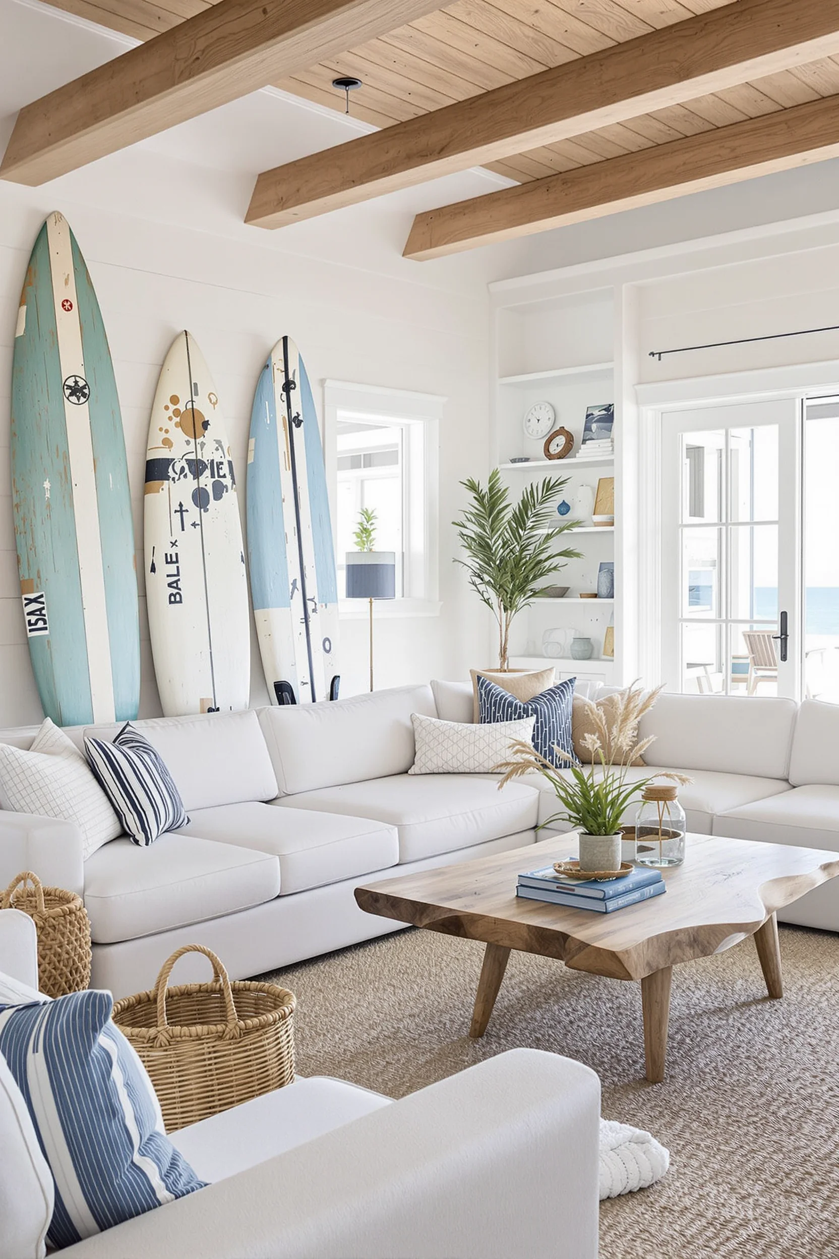 beach house living room with coastal interiors design featuring white sectional wooden coffee table jute rug and ocean views