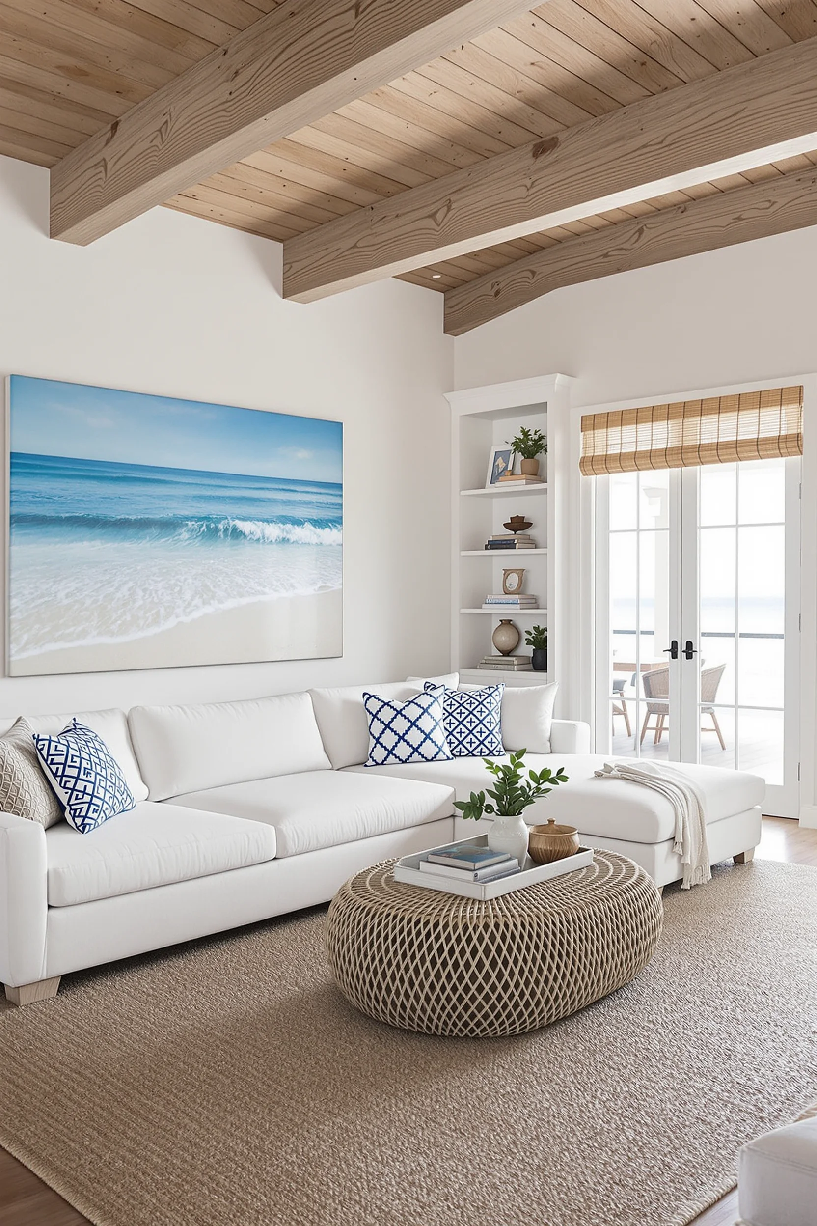 beach house living room with coastal interiors featuring white sofa jute rug ocean painting and natural light