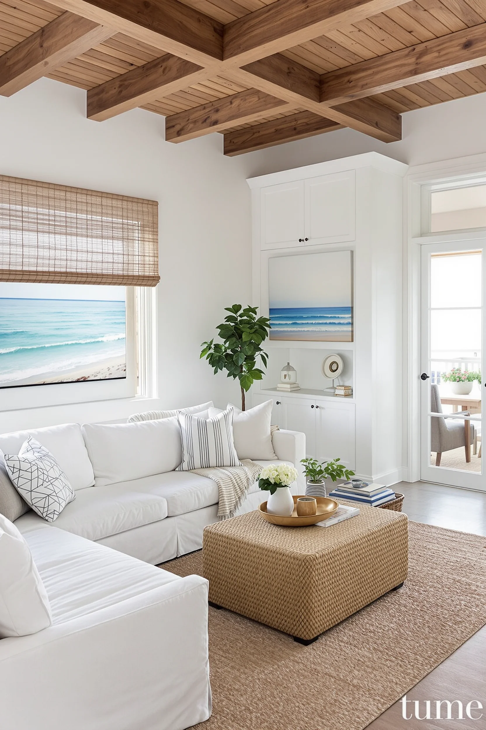 beach house living room with coastal interiors white furniture natural materials ocean painting and wood beam ceiling