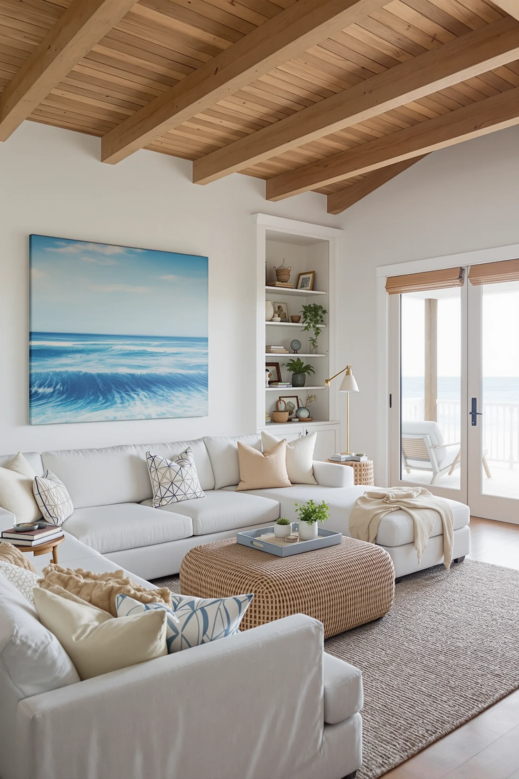 beach house living room with coastal interiors white sectional natural textures ocean artwork and bright natural light