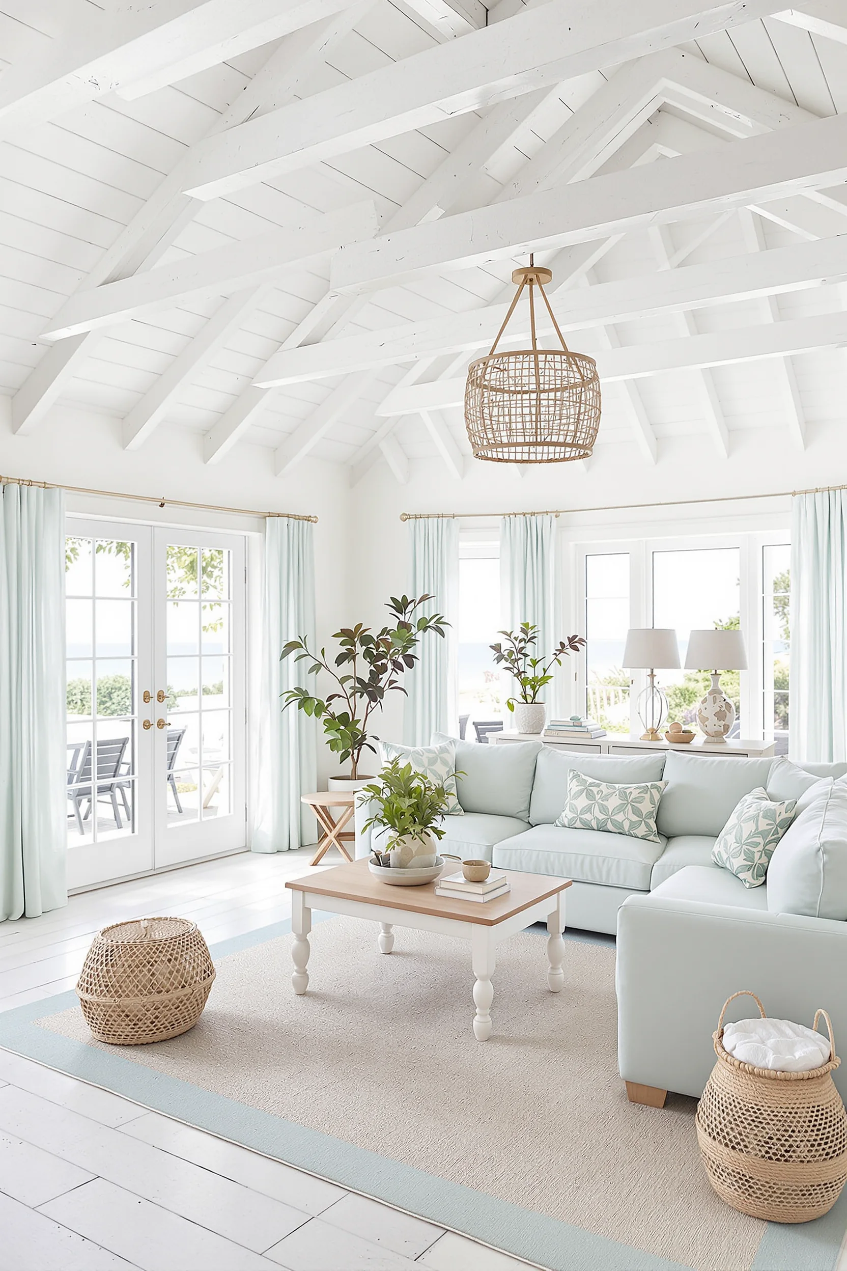 beach house living room with white beam ceiling weathered wood rafters mint curtains aqua sectional natural pendant light