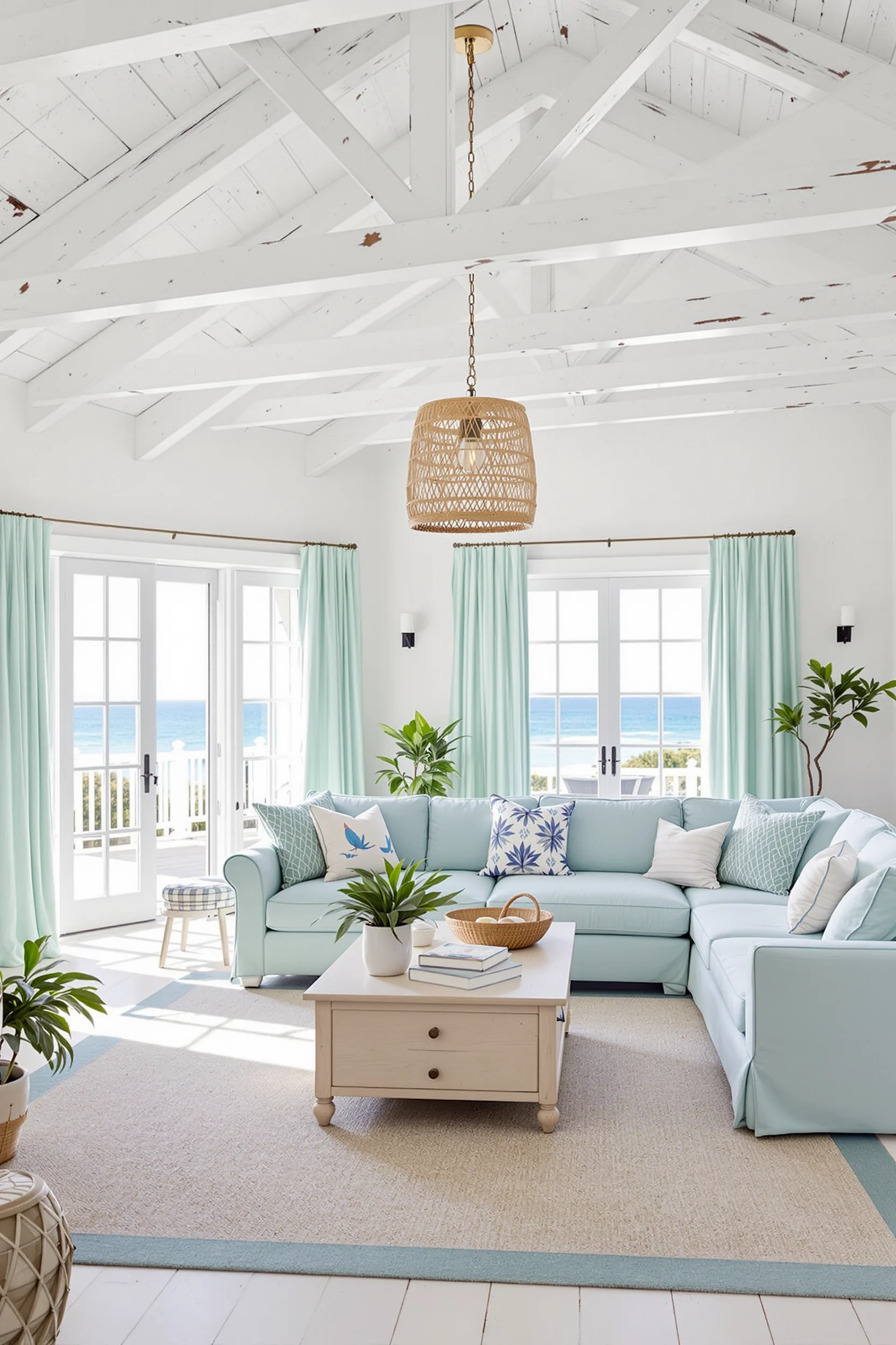 beach house living room with white beams aqua sectional woven pendant light wooden coffee table and coastal decorative elements