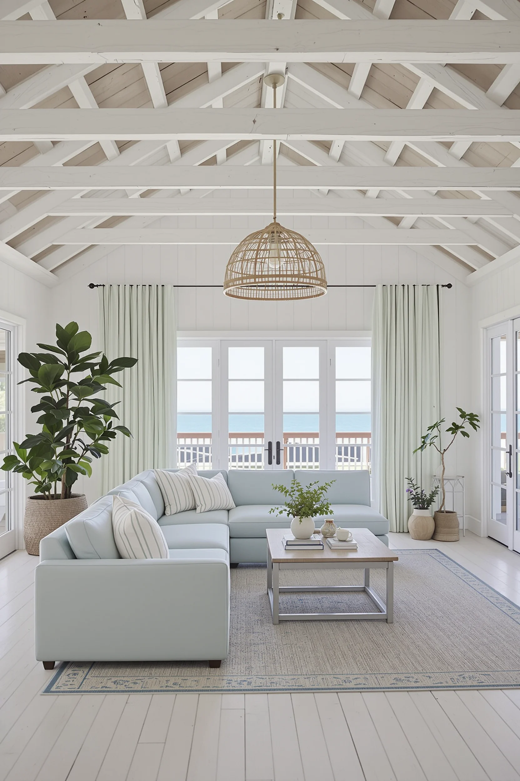 beach house living room with whitewashed floors mint accents ocean views wooden beams natural light and coastal decor