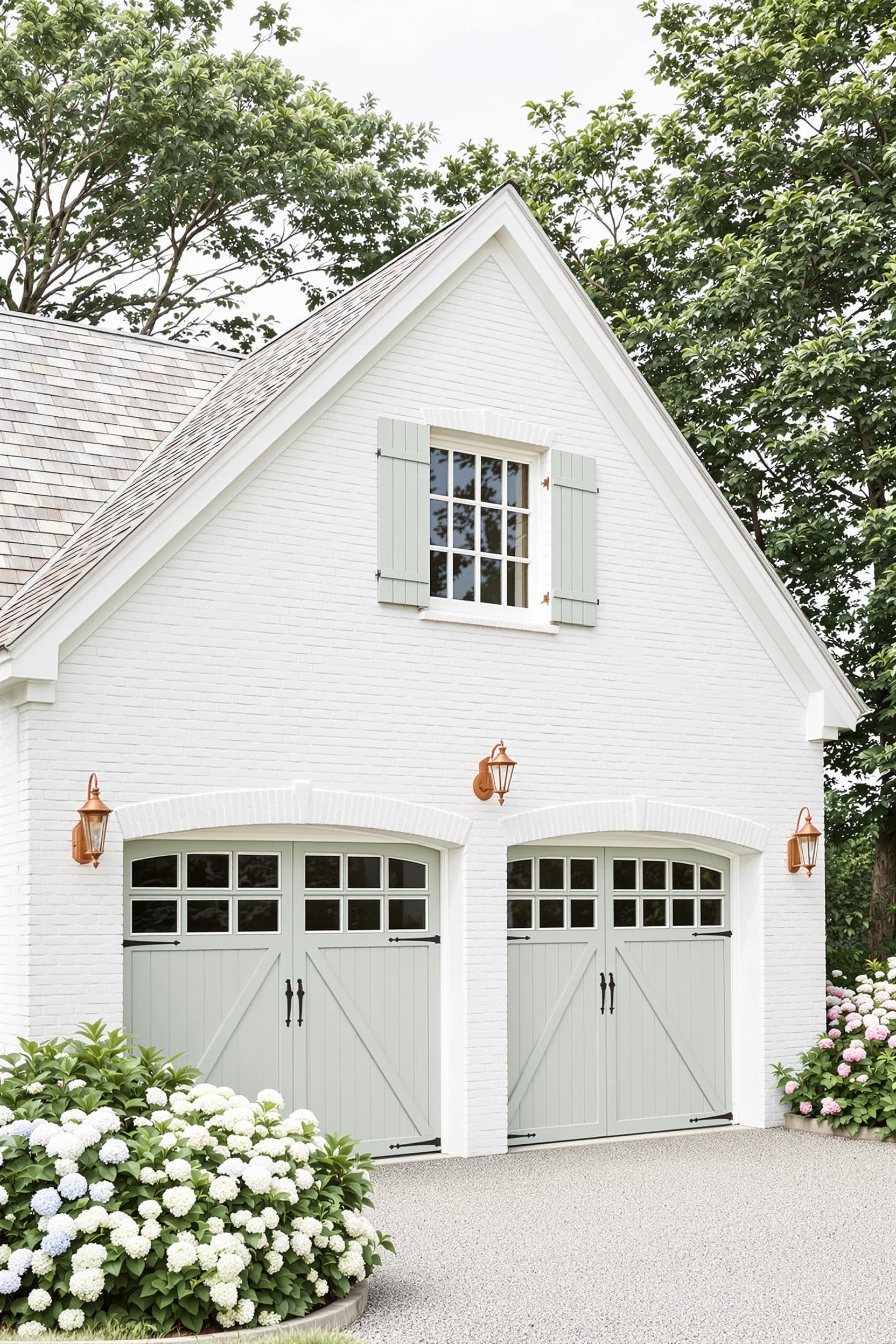beach house with white brick exterior sage garage doors gray shingle roof and flowering coastal landscaping