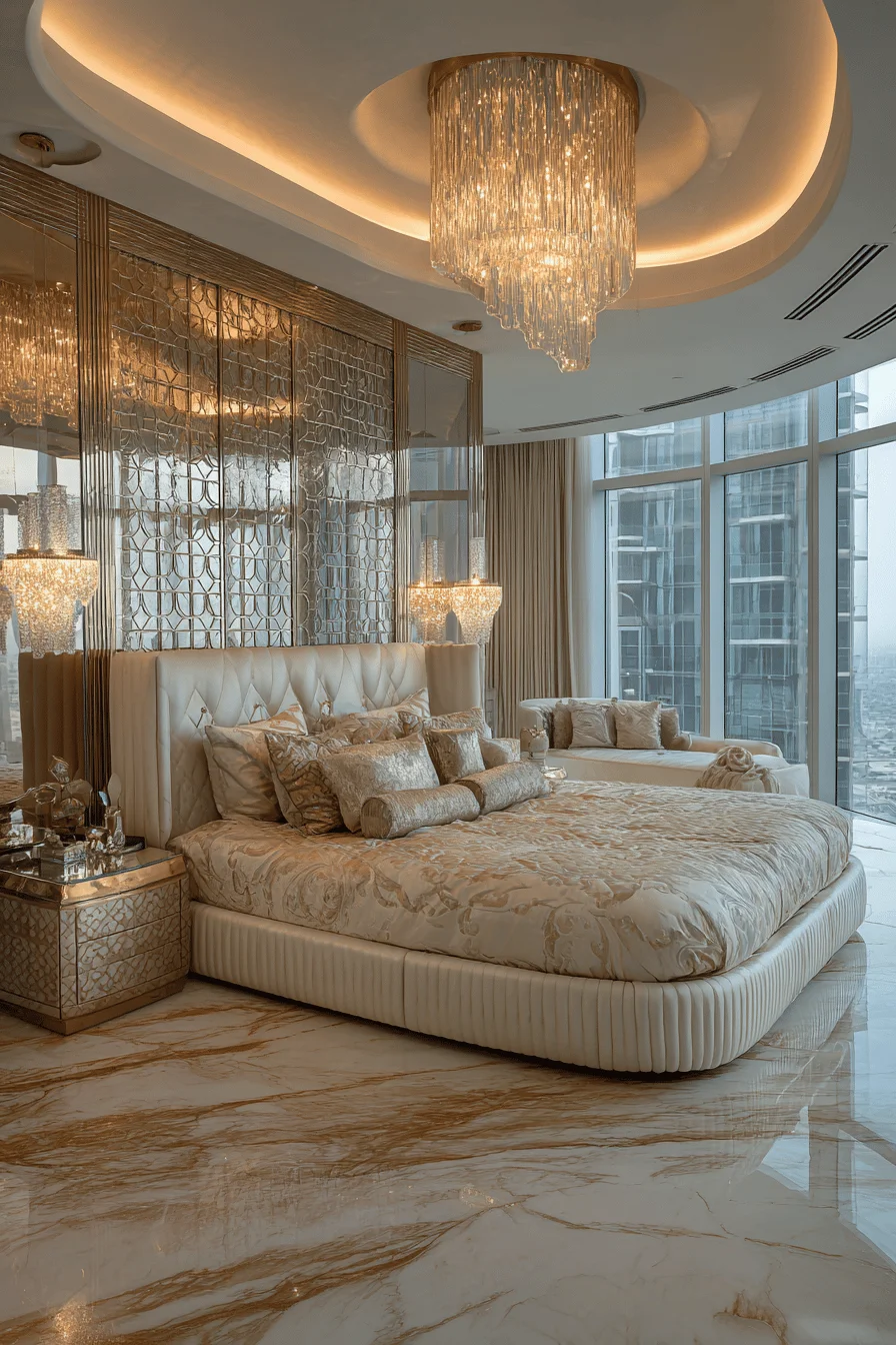 bedroom luxurious dubai style with marble flooring crystal chandelier cream silk headboard and city views