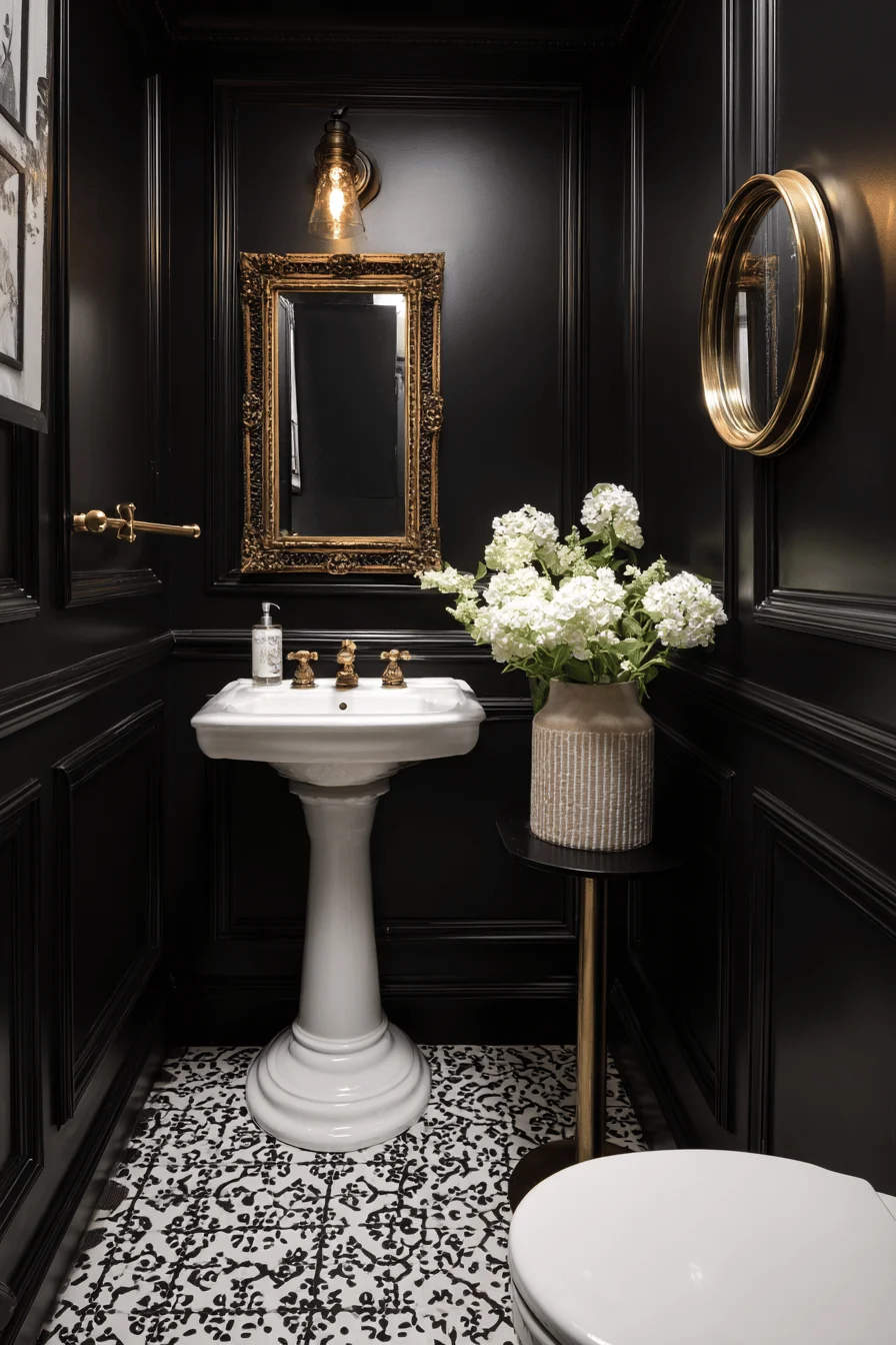 black paneled victorian downstairs toilet with white sink gold framed mirror patterned floor and brass fixtures