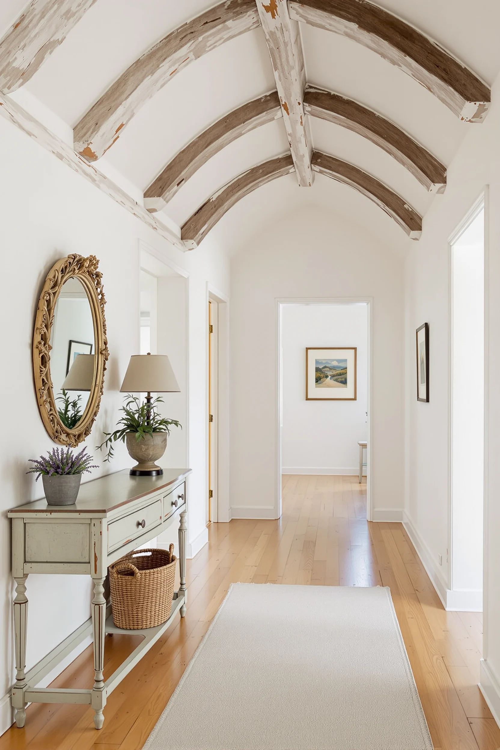 boho interior rustic hallway with distressed beams whitewashed walls hardwood flooring and antique furniture
