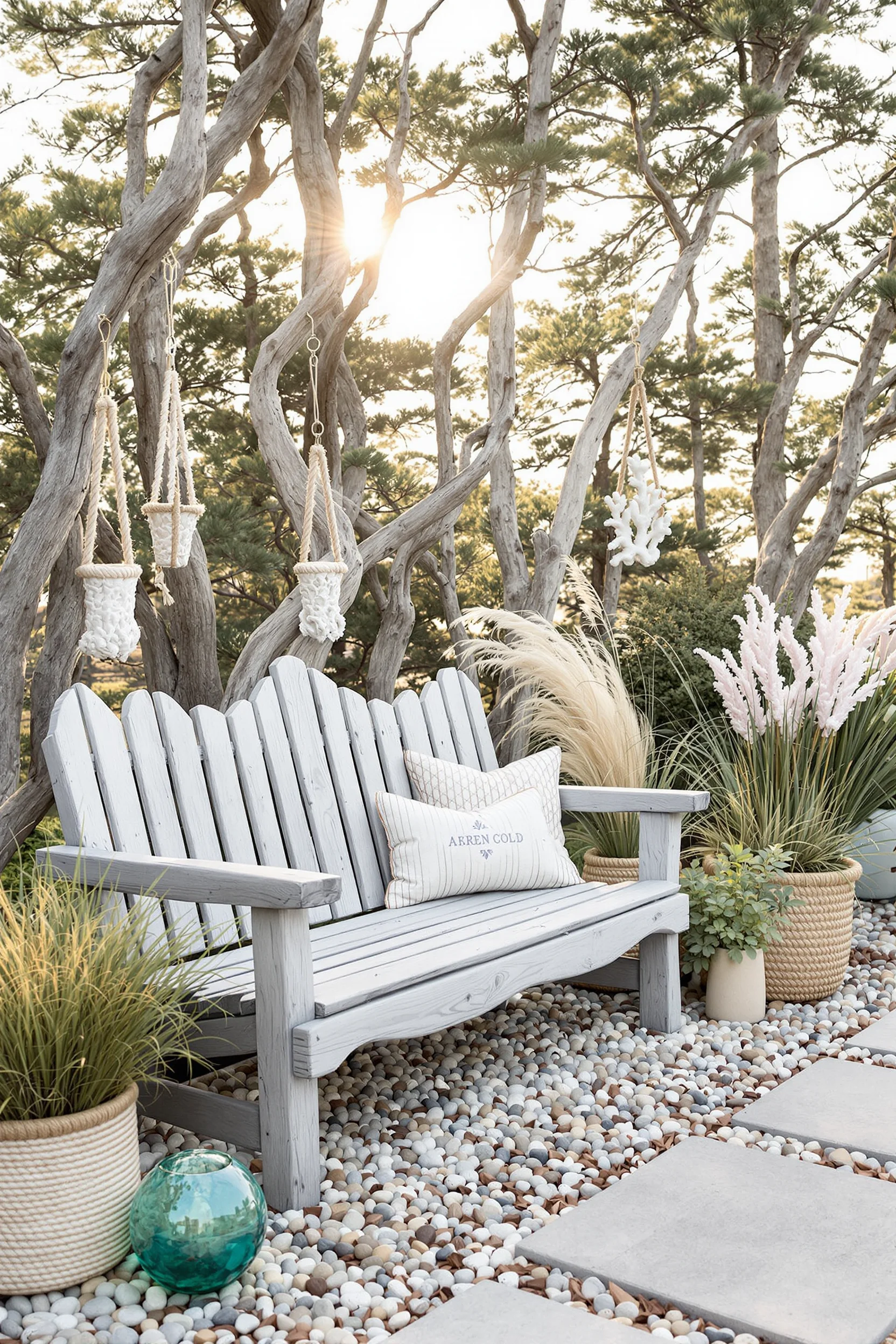 coastal cottage garden featuring weathered stone pathway driftwood bench and seagrass basket with coastal grasses