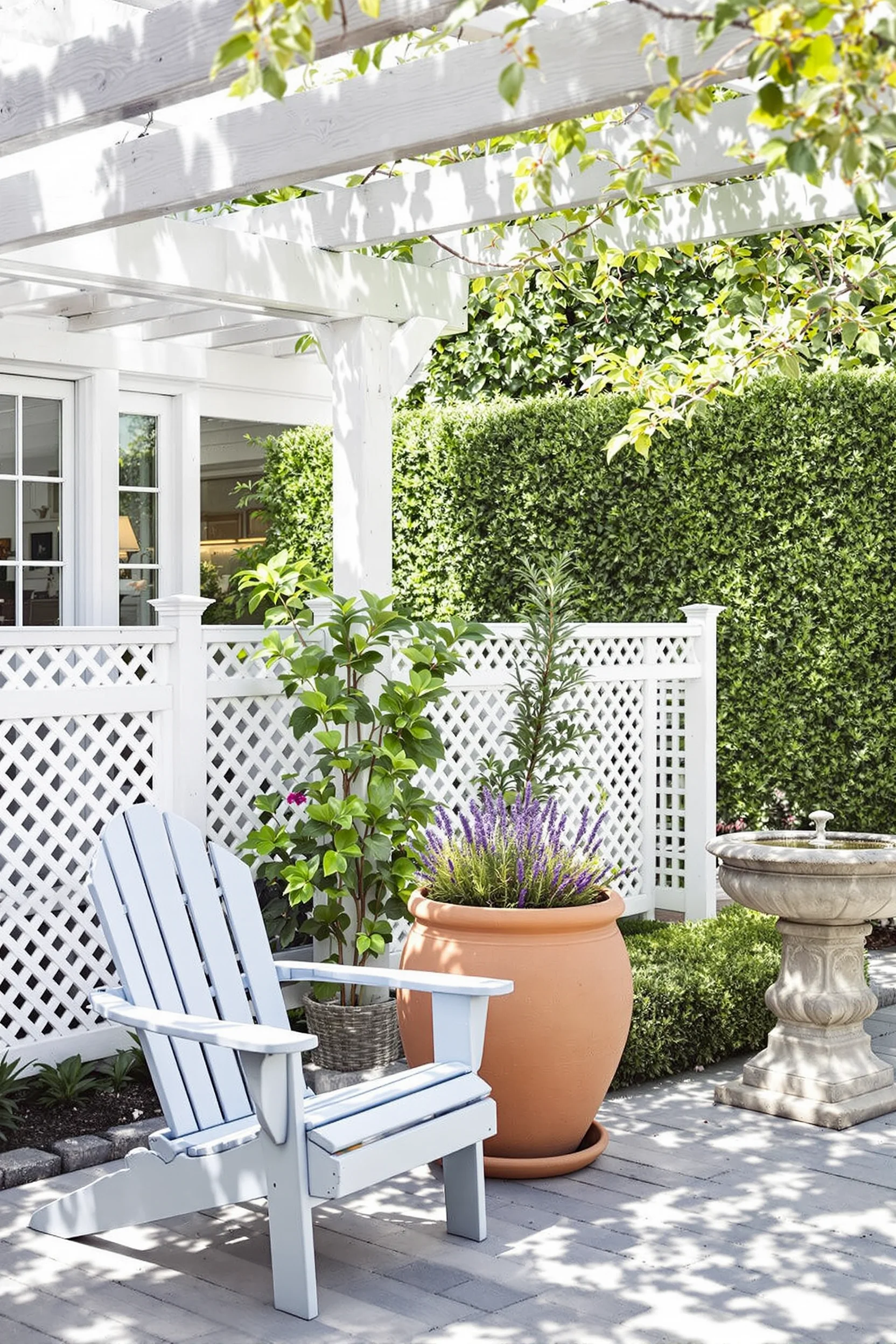 coastal garden ideas showcased in hamptons style garden with pergola blue adirondack chair lavender pot stone birdbath and boxwood hedge