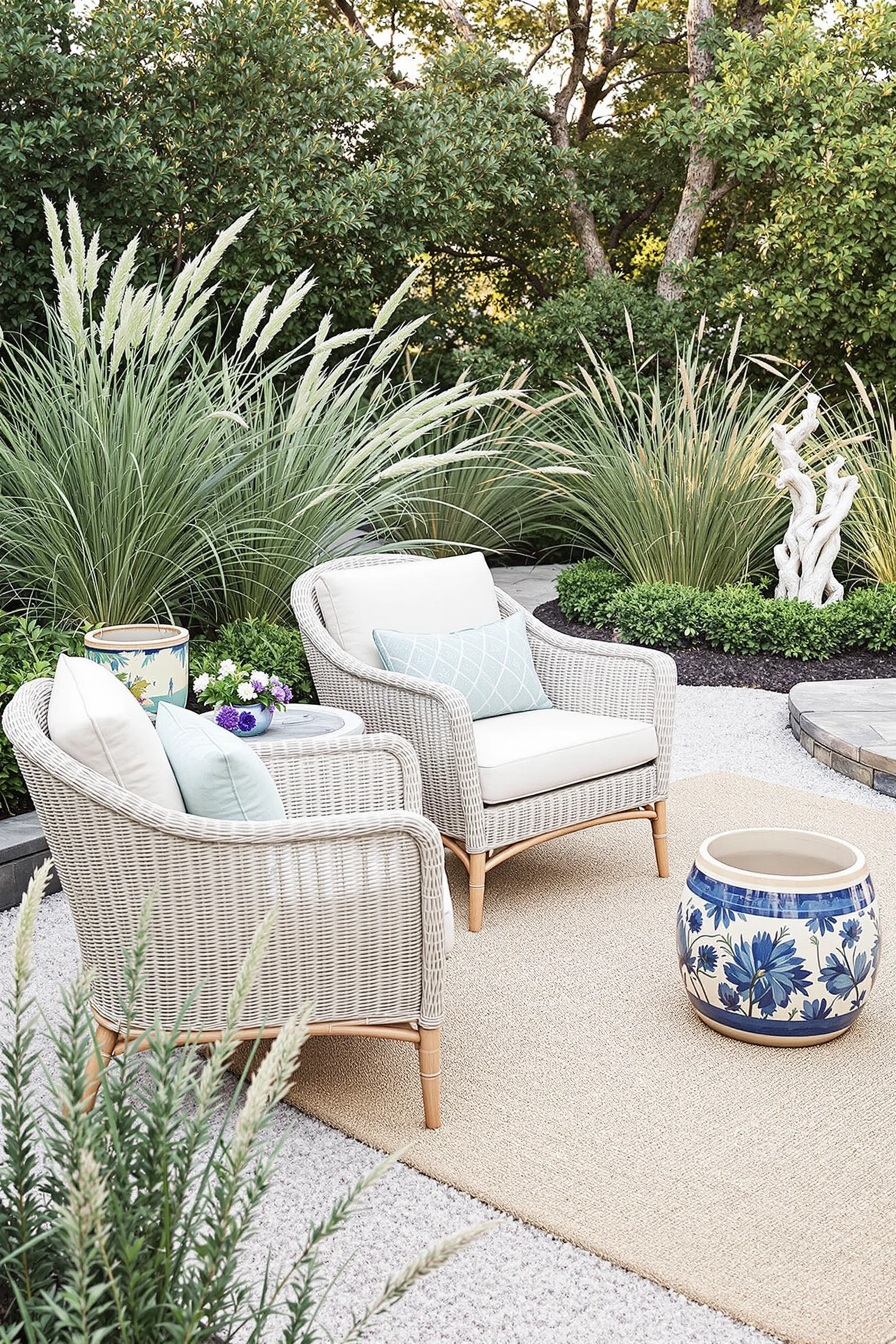 coastal hamptons beach garden with rattan furniture natural linen cushions seafoam pillows stone pathway and driftwood sculpture