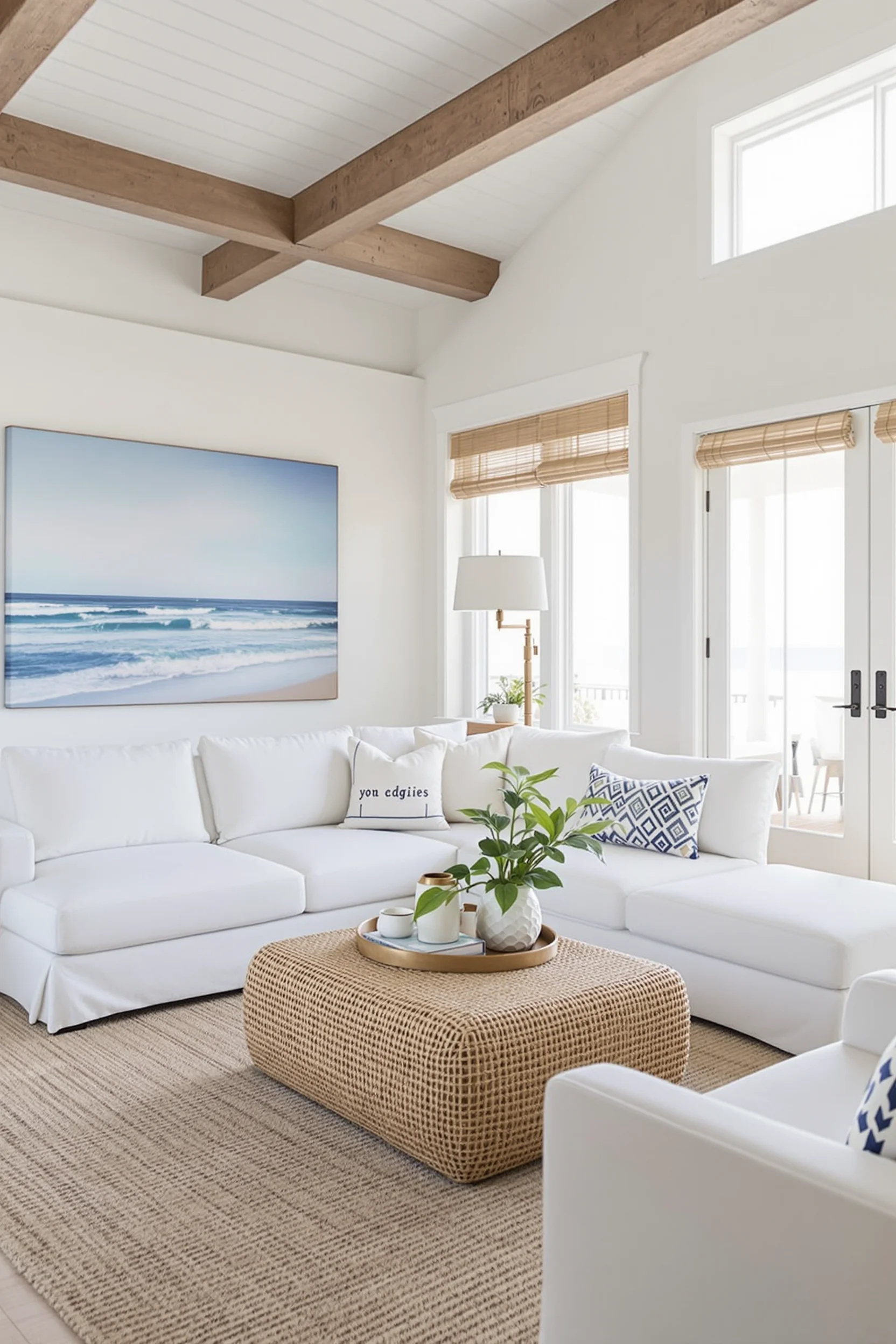 coastal interiors in beach house living room featuring slipcover sofa woven ottoman jute rug and ocean view