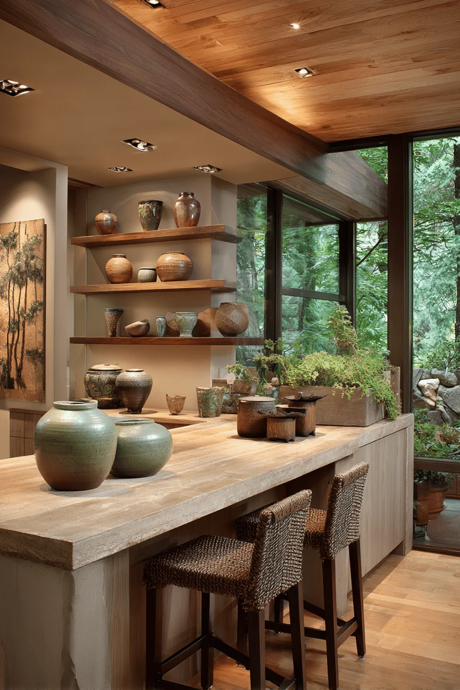 comfortable earthy home decor open concept with sage green ceramics rich brown wood and ergonomic seating