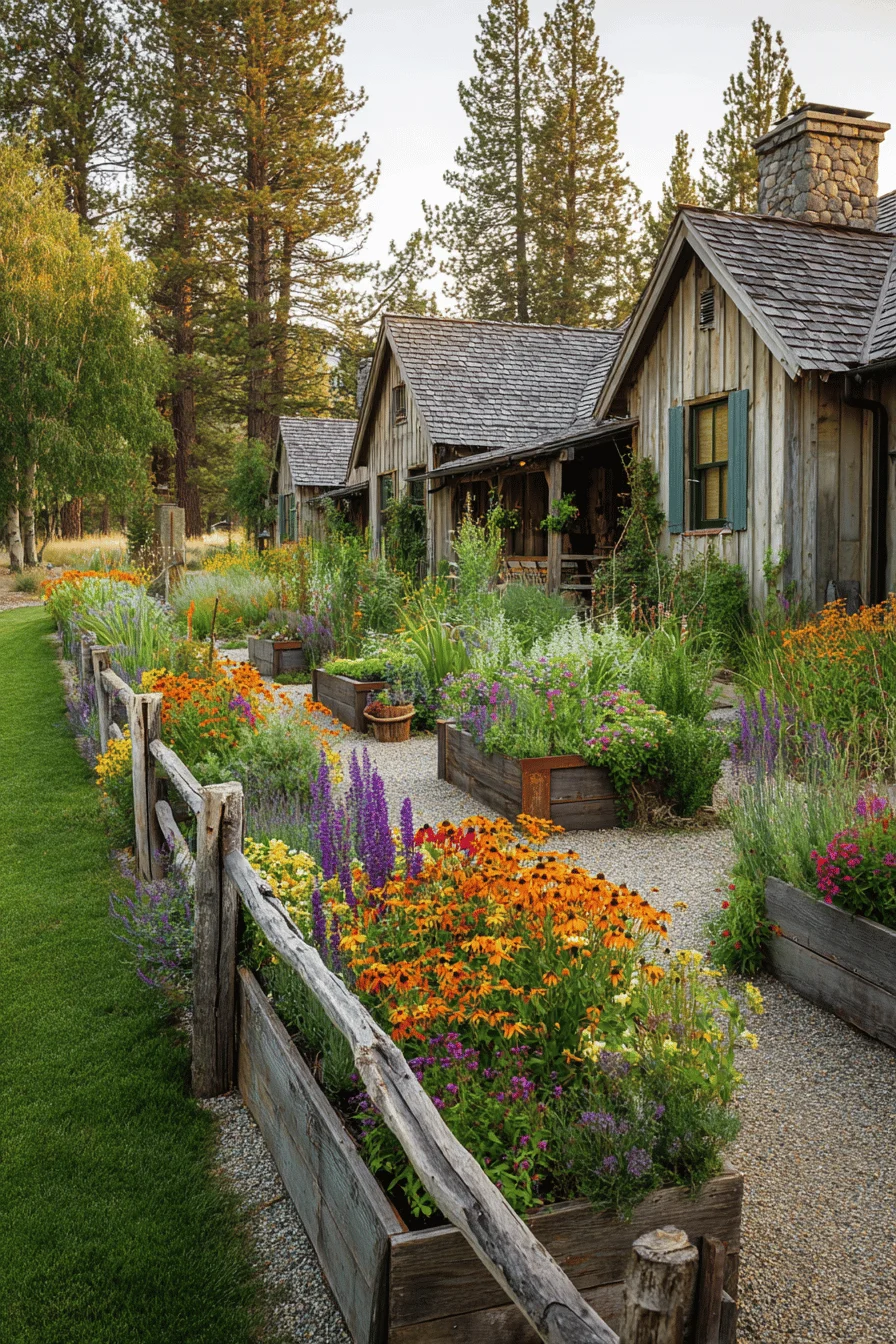 contemporary farmhouse garden design with weathered wooden raised beds featuring vibrant perennial plantings and rustic farmhouse garden decor