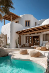contemporary house exterior with curved architecture white walls wooden pergola swimming pool mediterranean coastal style