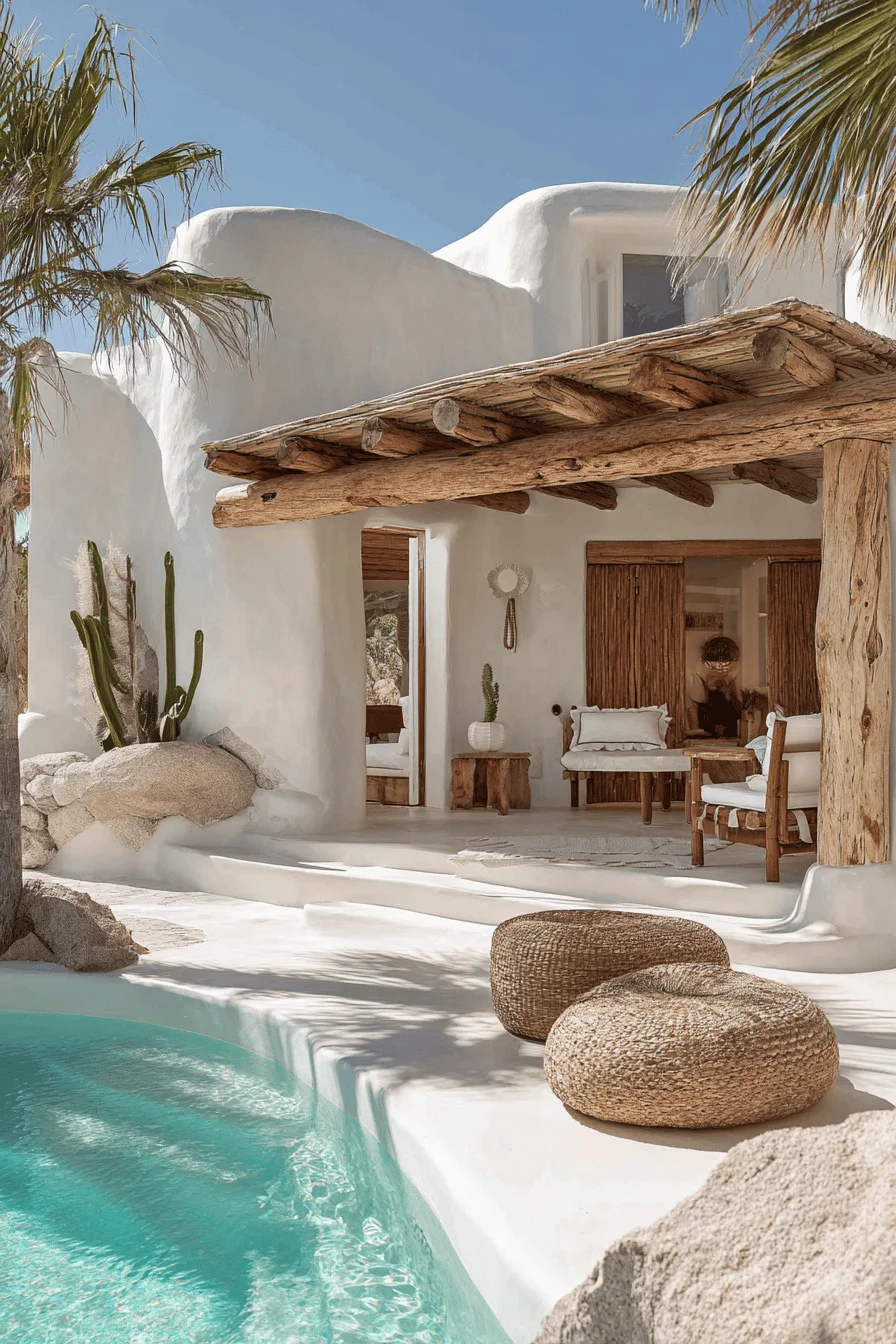 contemporary house exterior with white stucco walls wooden pergola turquoise pool stone patio mediterranean coastal atmosphere