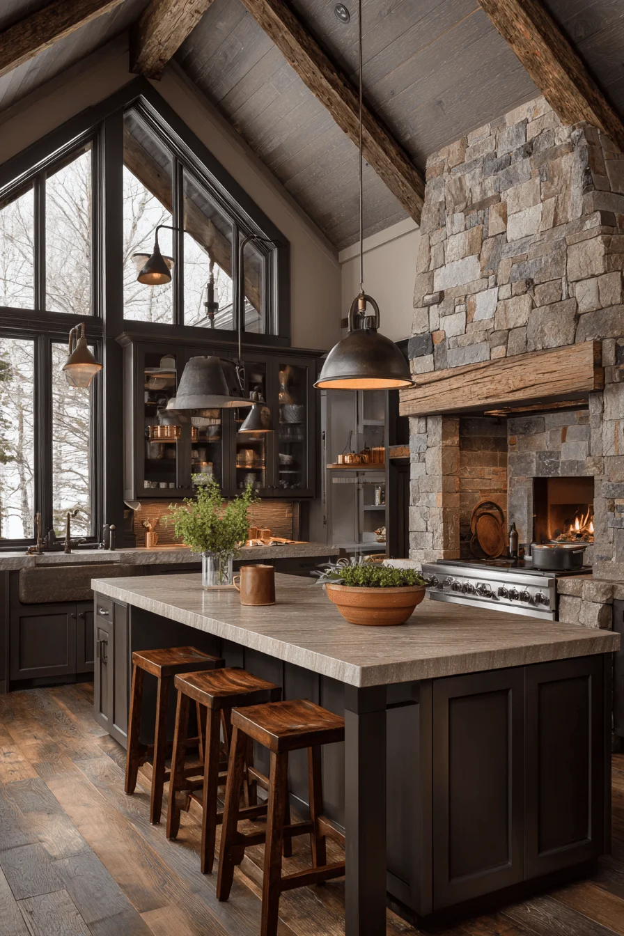 contemporary kitchen design with dark rustic wood floors metallic accents and clean lines creating a modern house aesthetic