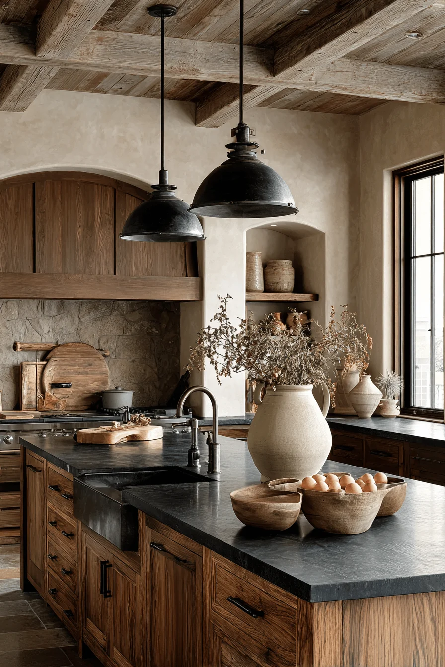 contemporary small dark rustic kitchen with weathered wooden ceiling beams black stone backsplash and minimalist pendant lighting over compact island