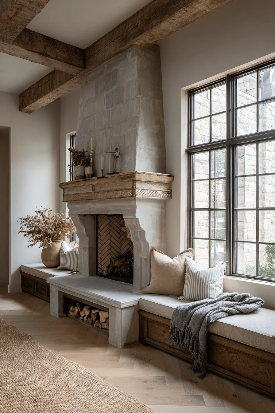 cotswolds fireplace makeover featuring limestone surround oak beam mantel english countryside fireplace home interior design built in storage