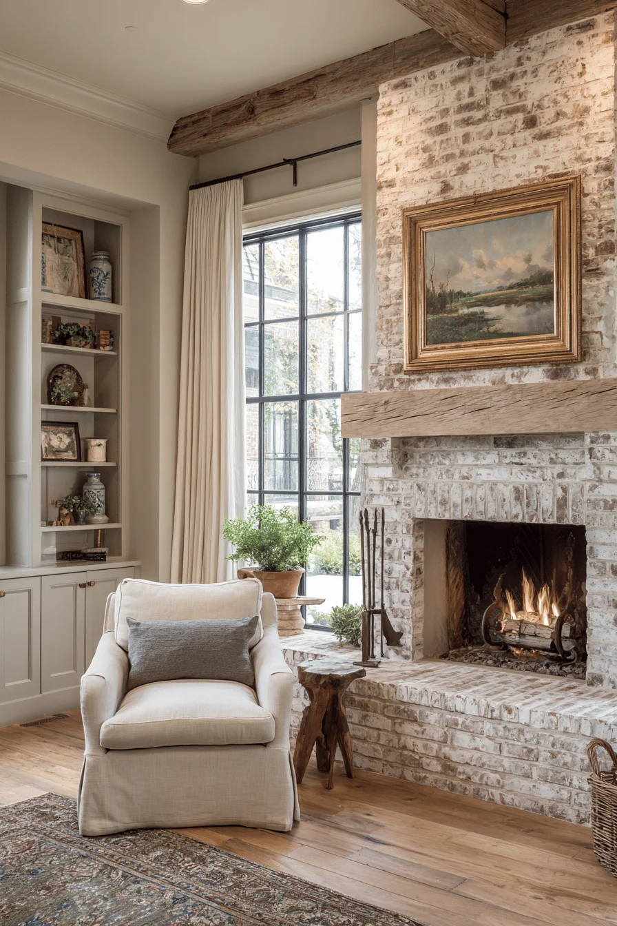 cotswolds fireplace makeover featuring whitewashed brick rustic oak mantel old english fireplace antique ceramics ambient lighting from multipane windows