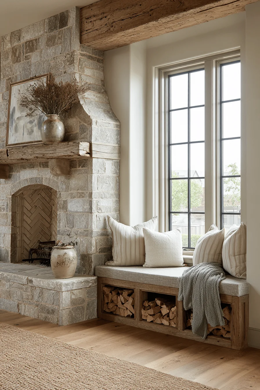 cotswolds limestone fireplace with oak beam mantel english countryside fireplace herringbone brick interior home decor built in bench natural light