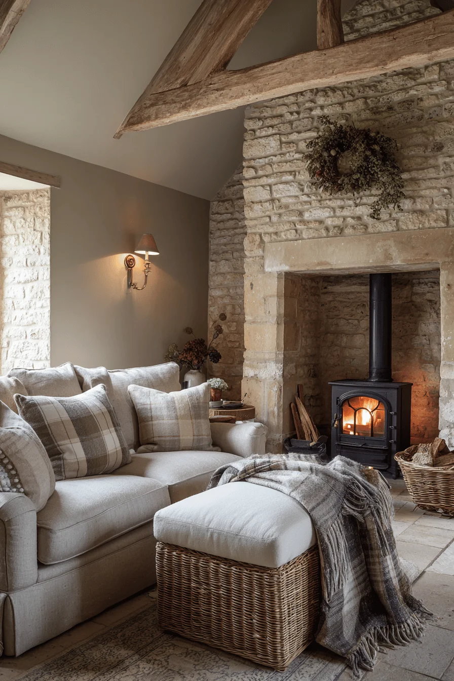 cotswolds living room featuring english stone fireplace oak beam mantel cast iron stove home decor ideas wicker ottoman vintage area rug
