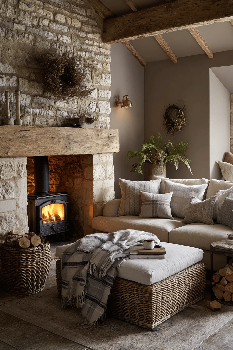 cotswolds living room with english stone fireplace featuring reclaimed oak beam mantel warm taupe walls comfortable linen sofa home decor