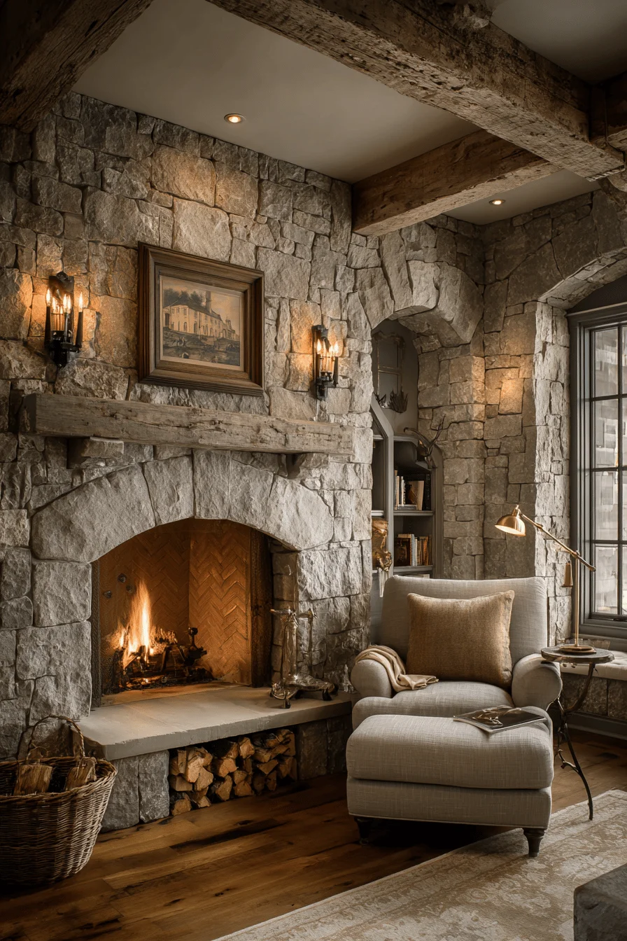 cotswolds stone fireplace with wooden beam mantel english fireplace ideas arched glass doors wool sage rug comfortable taupe armchair warm lighting