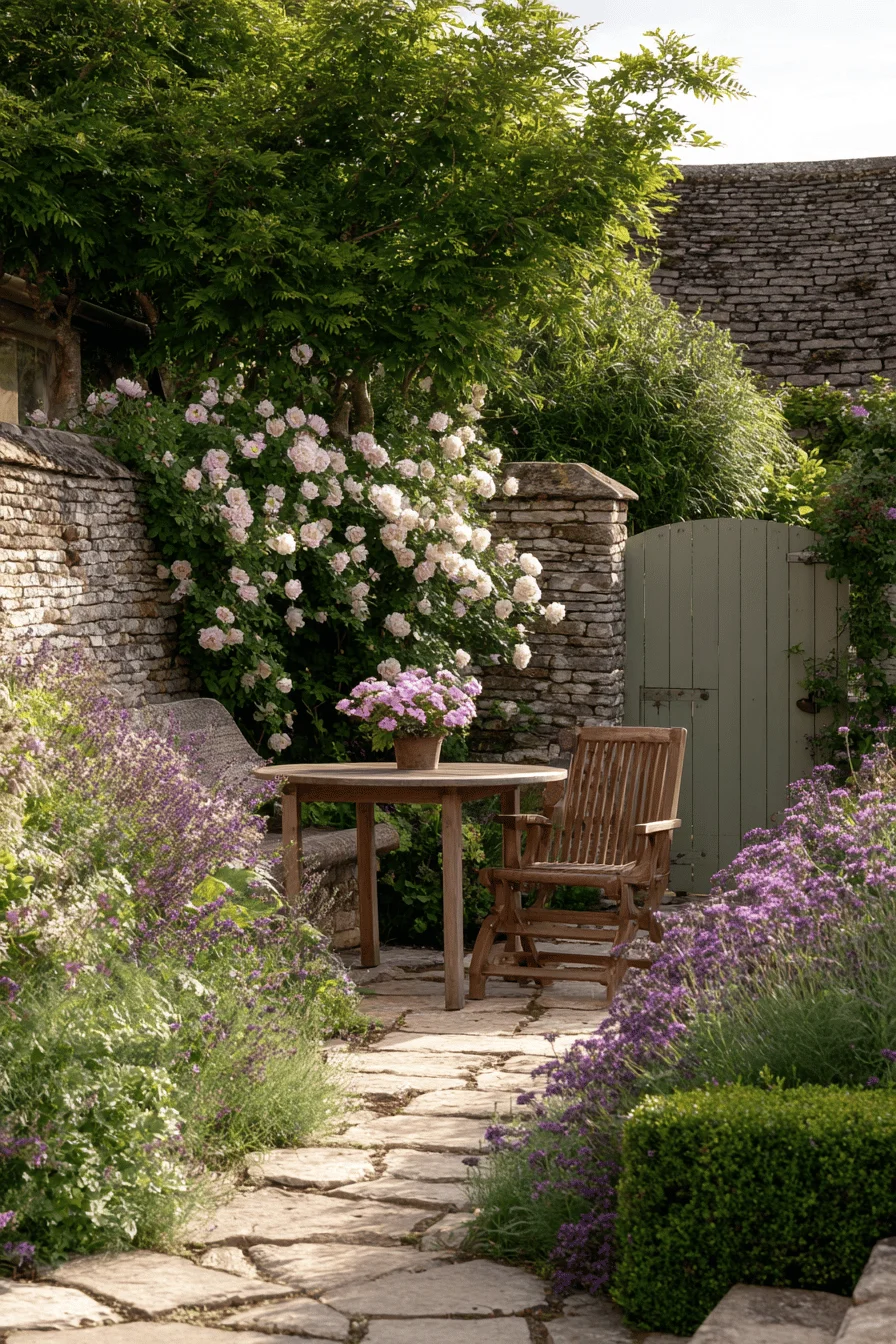 cottage garden ideas showcasing small cottage garden design with teak furniture limestone stepping stones and perennial flower borders