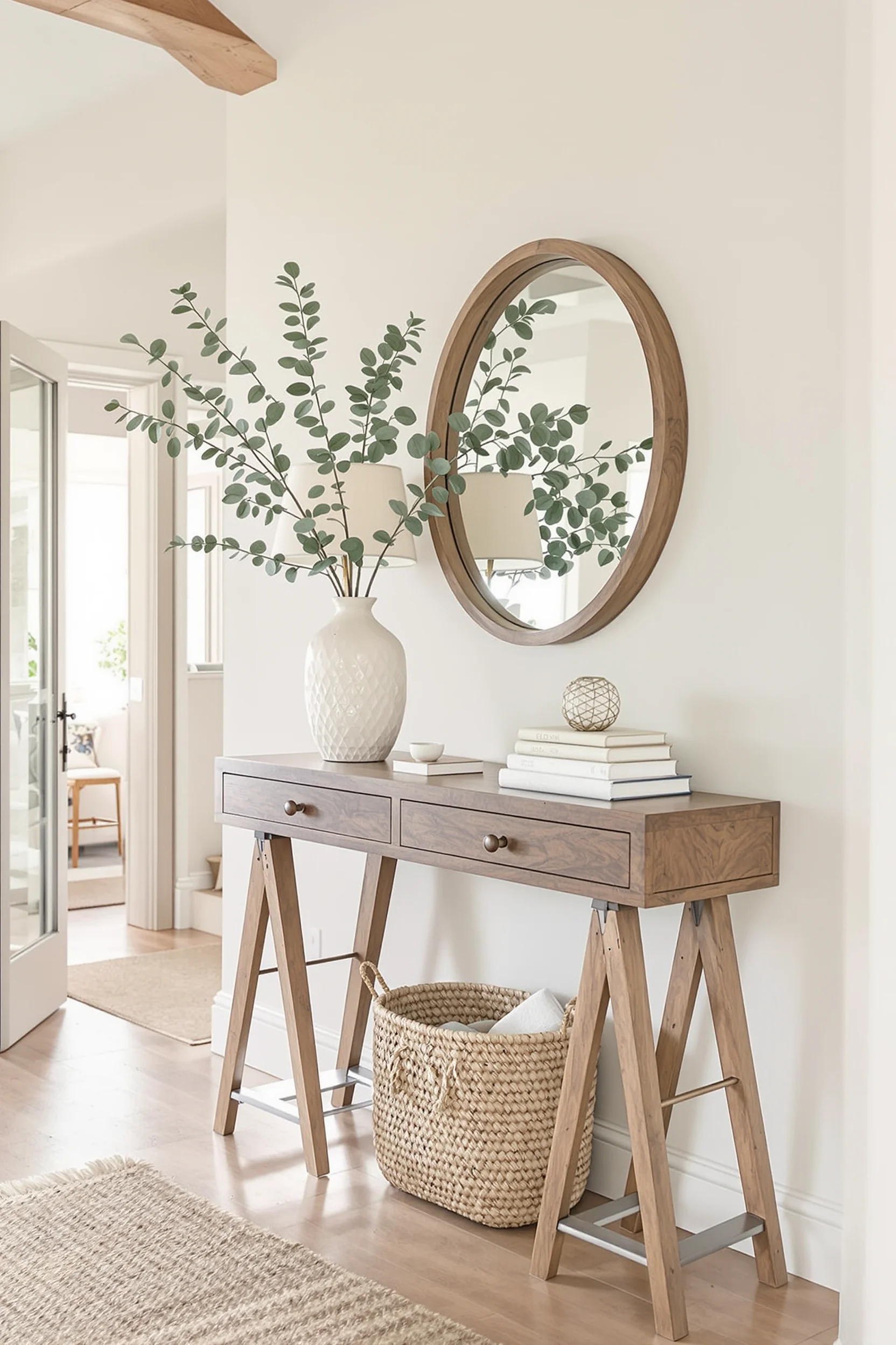 country hallway with wooden furniture decorative accessories cream walls wood flooring and textured area rug in neutral tones