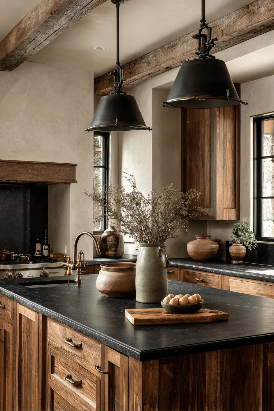 dark rustic kitchen featuring matte black pendant lights over island with brass accents weathered wood cabinetry and moody stone backsplash