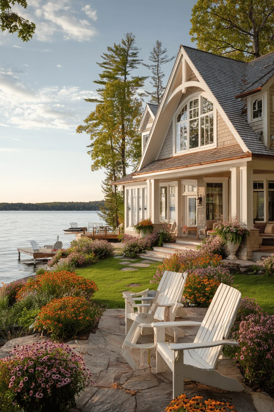 design ideas featuring modern farmhouse garden with natural stone pathways mature oak trees and patio flowers arrangements