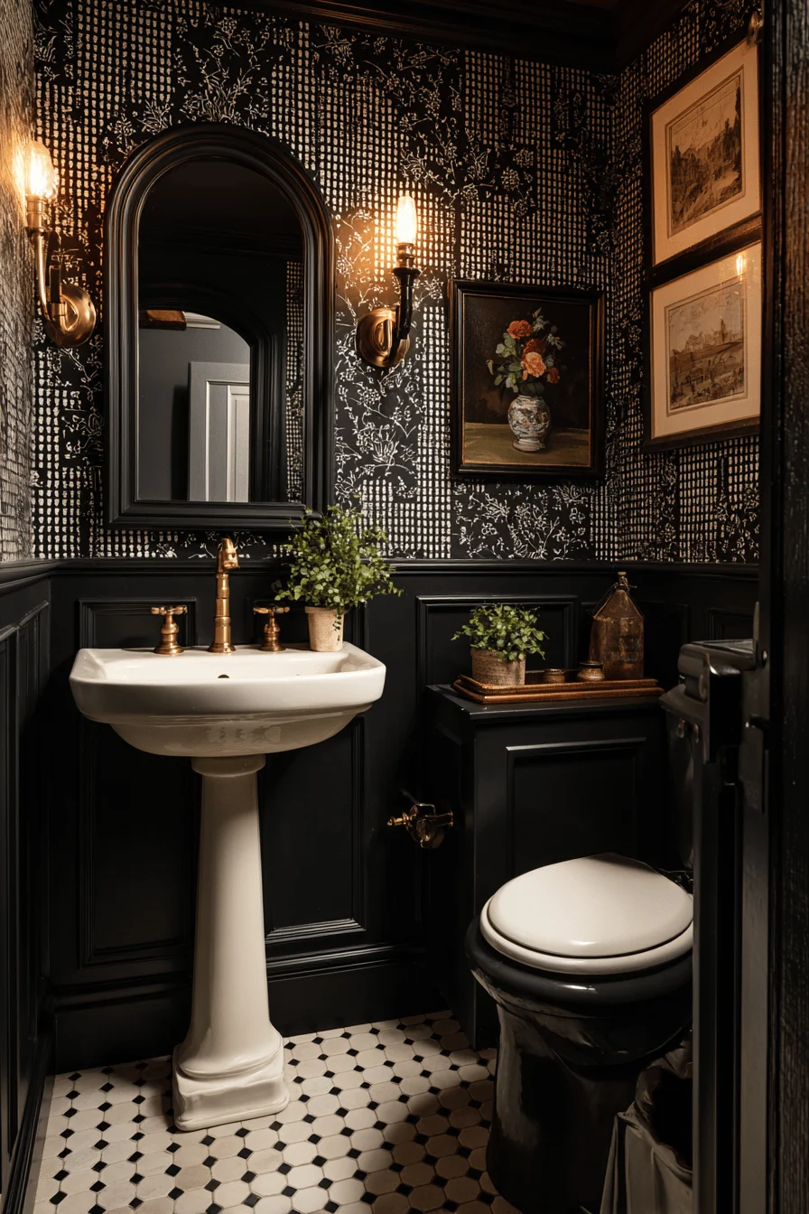 downstairs toilet with black wainscoting patterned wallpaper arched mirror and black white floor tiles