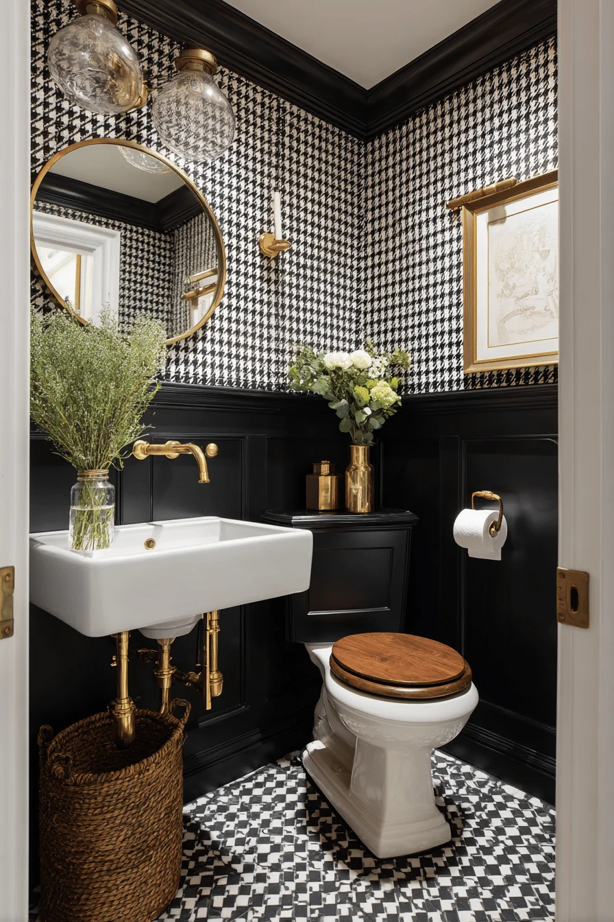 dramatic downstairs toilet ideas with victorian inspired decor black wainscoting white sink wooden toilet seat