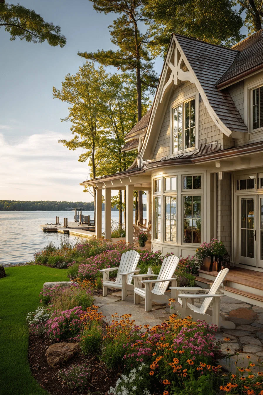 dream garden featuring modern farmhouse garden with comfortable white adirondack chairs and outdoor backyard waterfront setting