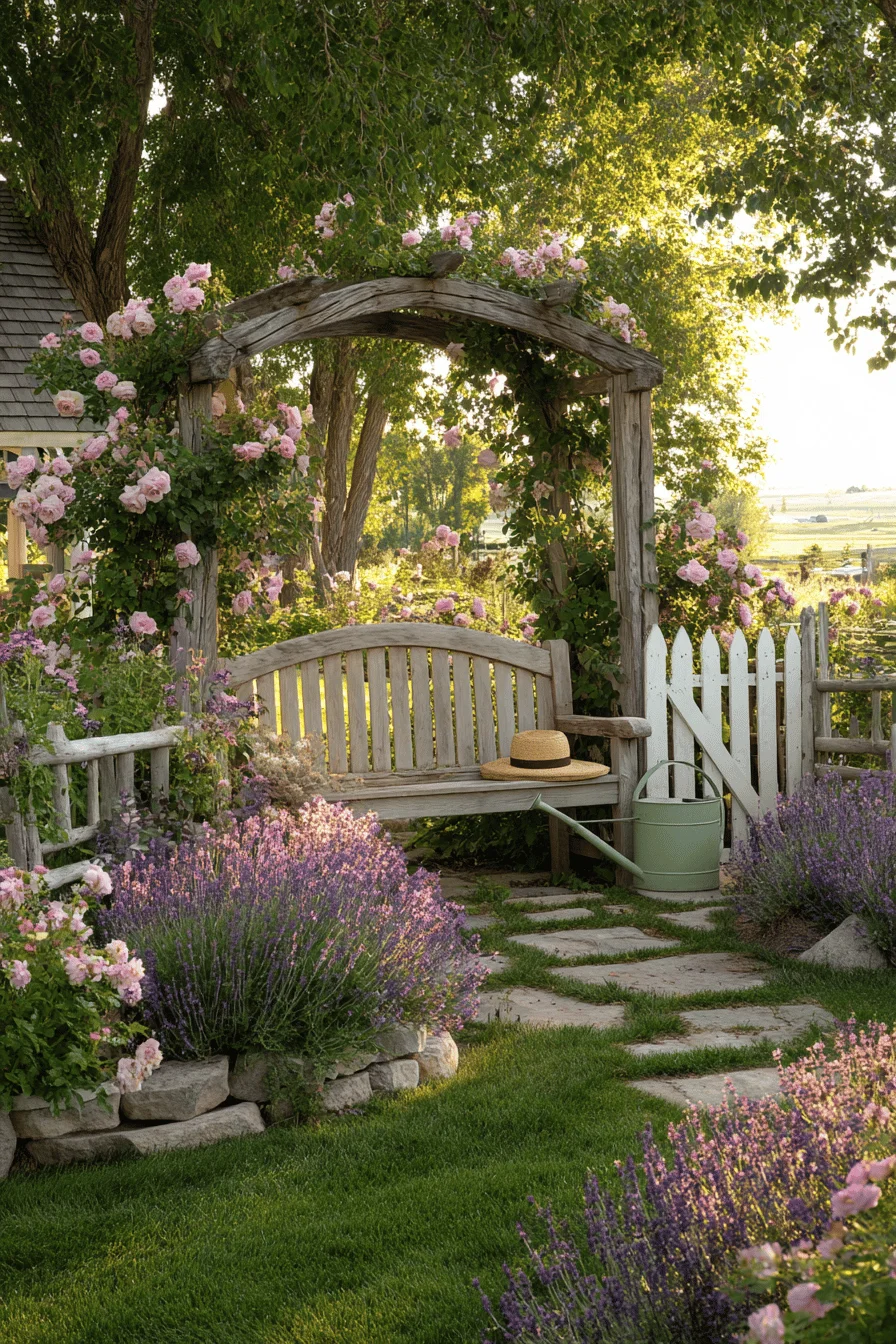 dream garden featuring weathered stone pathways curated plantings rustic outdoor furniture and natural landscaping elements