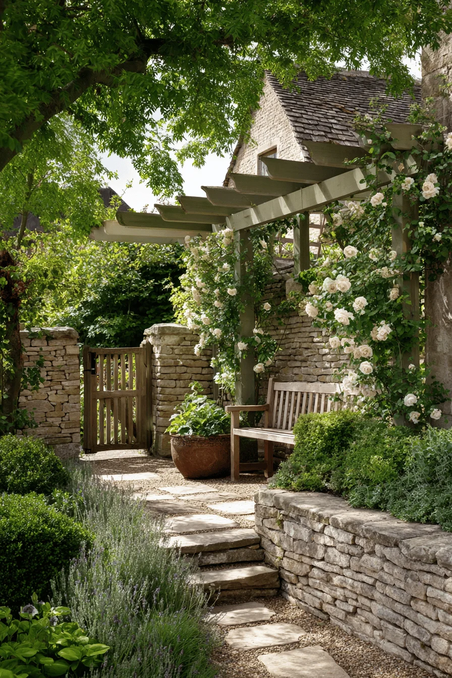 dream garden with cottage garden design featuring storybook cottage elements magical cottage atmosphere and warm limestone stepping stone pathways