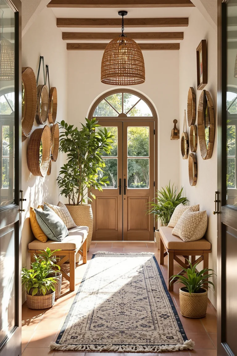dream home design rustic hallway with terracotta tiles arched doorway and macrame pillows on wooden bench