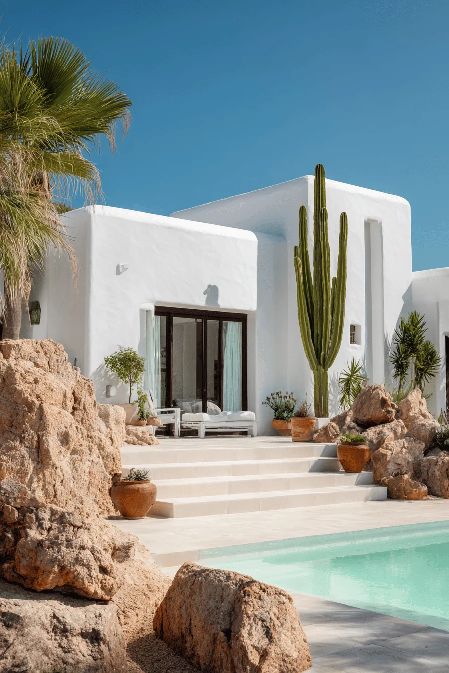 dream house exterior featuring minimalist white cubic architecture with stone elements and mediterranean landscaping around swimming pool