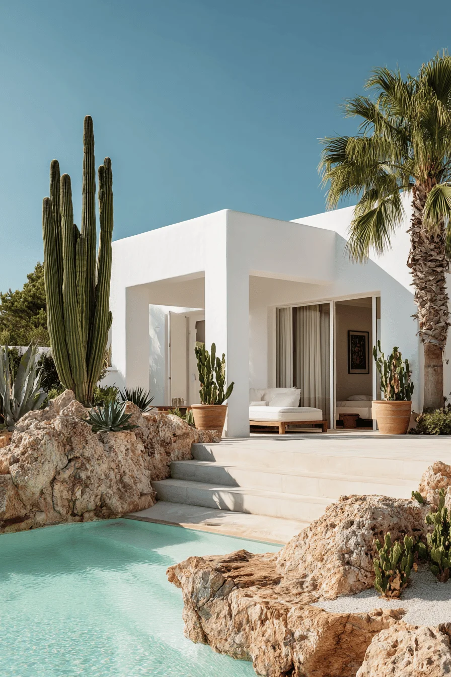 dream house exterior showcasing white cubic architecture desert plants terracotta pots and minimalist outdoor seating area