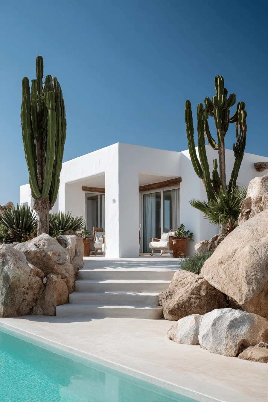 dream house exterior with white cubic architecture palm trees drought resistant landscaping and turquoise swimming pool