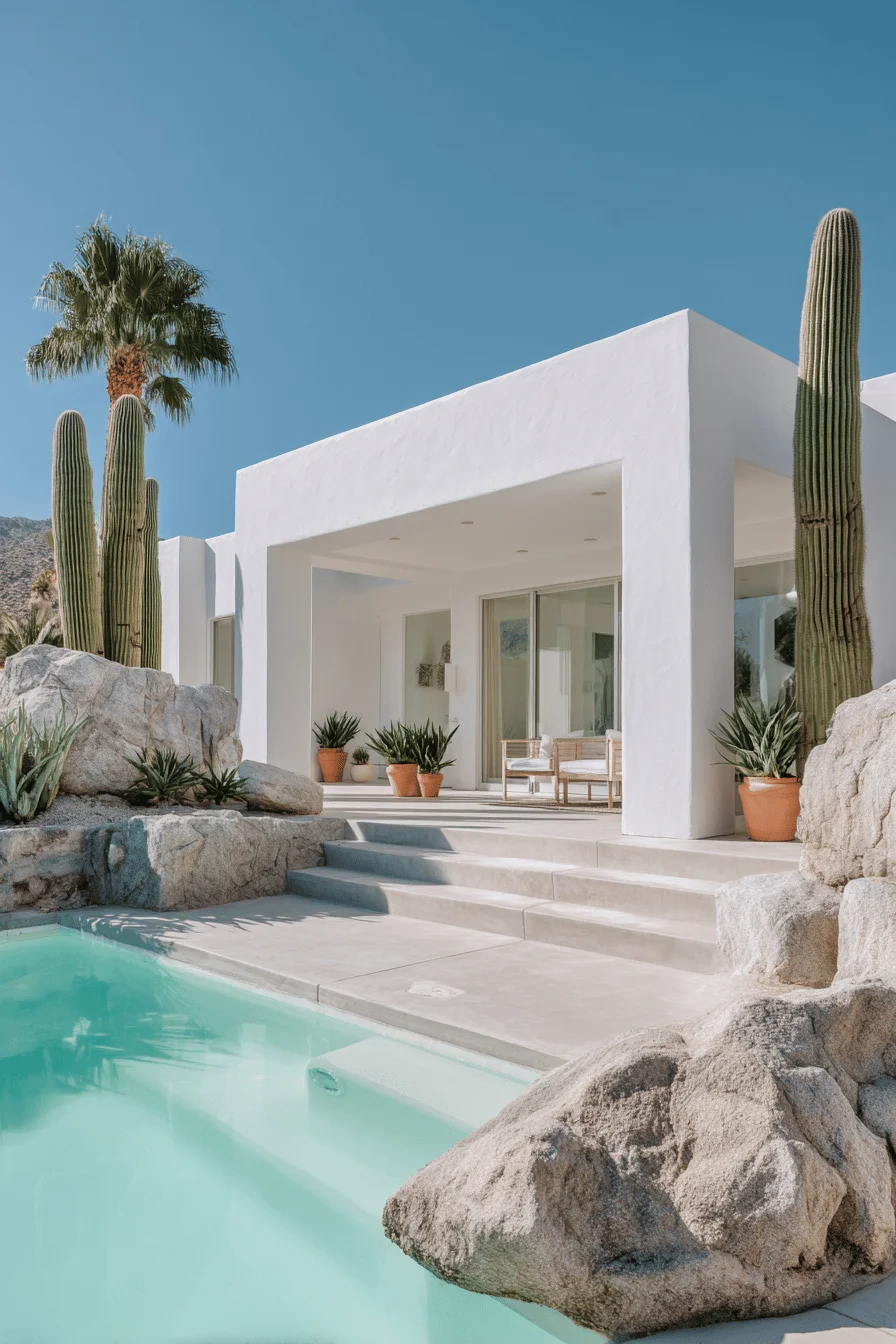 dream house exterior with white stucco walls large glass doors stone steps and turquoise pool surrounded by cacti