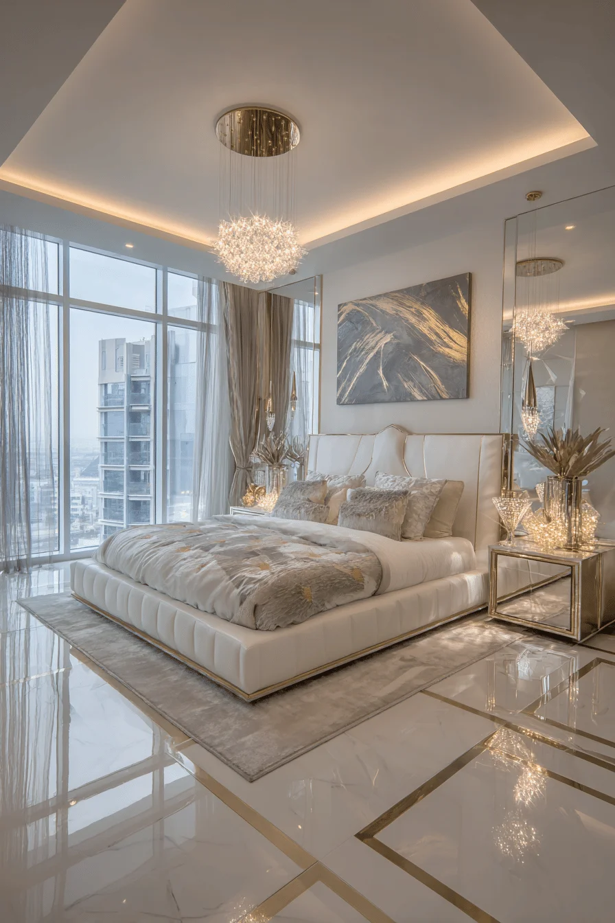 dubai inspired luxurious bedroom decor ideas with modern glamour gold accents crystal lighting marble geometric patterns king bed